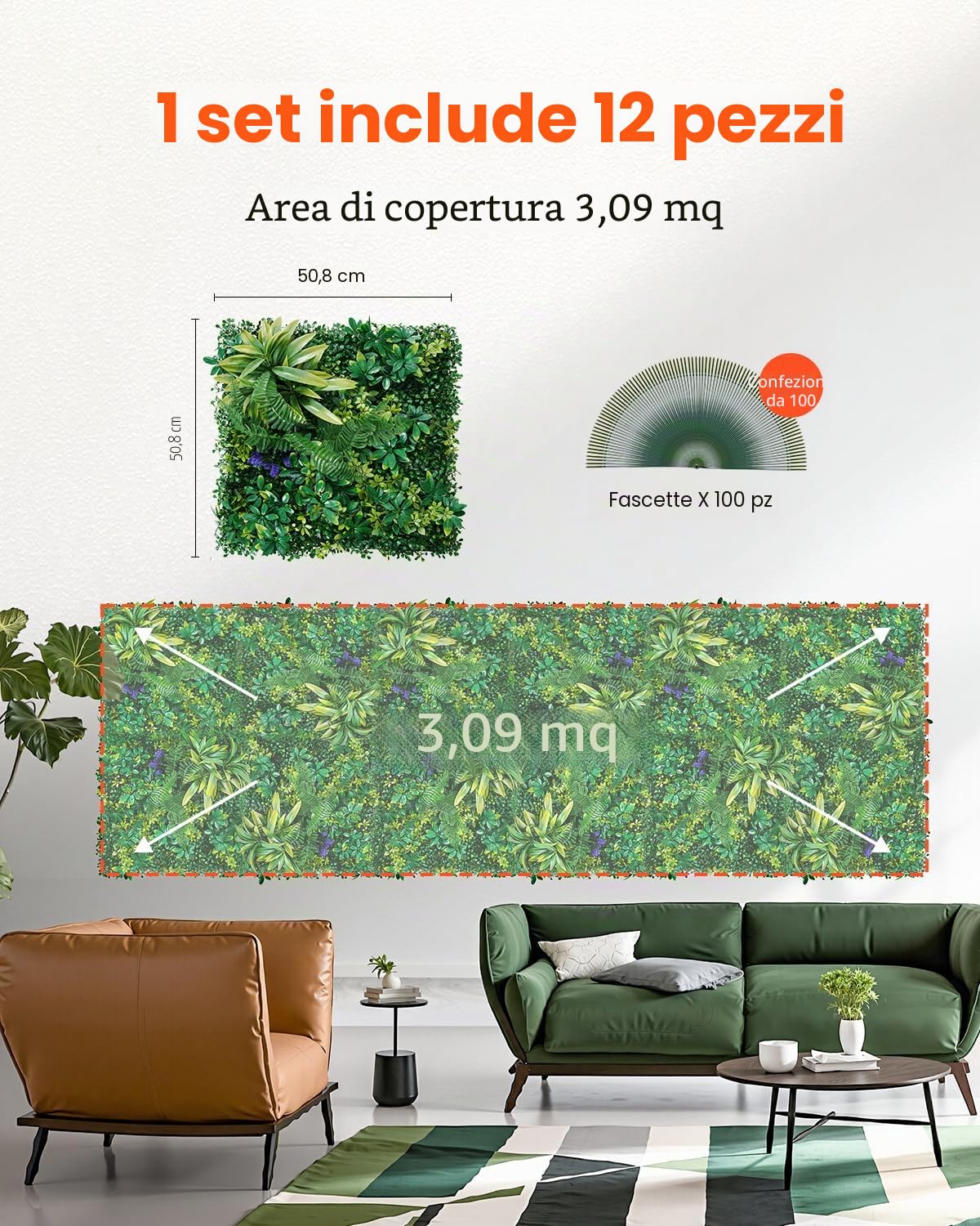 VEVOR Pannelli da Parete in Erba Artificiale 500 x 500 x 50 mm 12 Pezzi, Pannello di Bosso Verde Combinato 3D per Decorazioni Verdi per Interni ed Esterni e Copertura di Recinzione in Edera, Verde