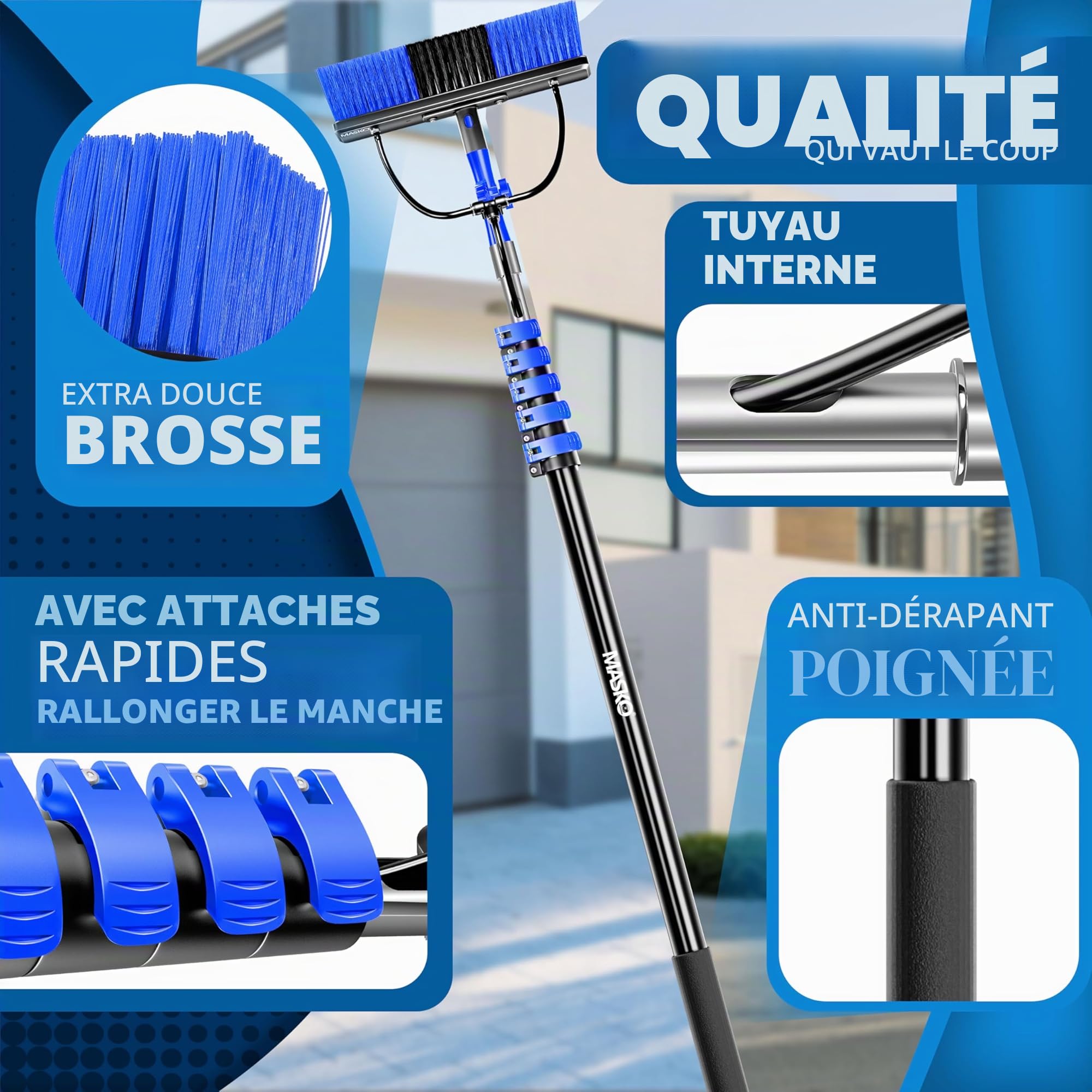 MASKO® Brosse de lavage télescopique avec raccord d'eau 7,2 m | Brosse de nettoyage extensible | Nettoyage des fenêtres et des installations PV | Poils
