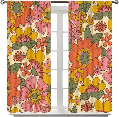 Miniatura 2 de YCness Cortinas florales retro de los años 70, estampado bohemio de flores hippie primaverales, tratamientos de ventana para el hogar, dormitorio,