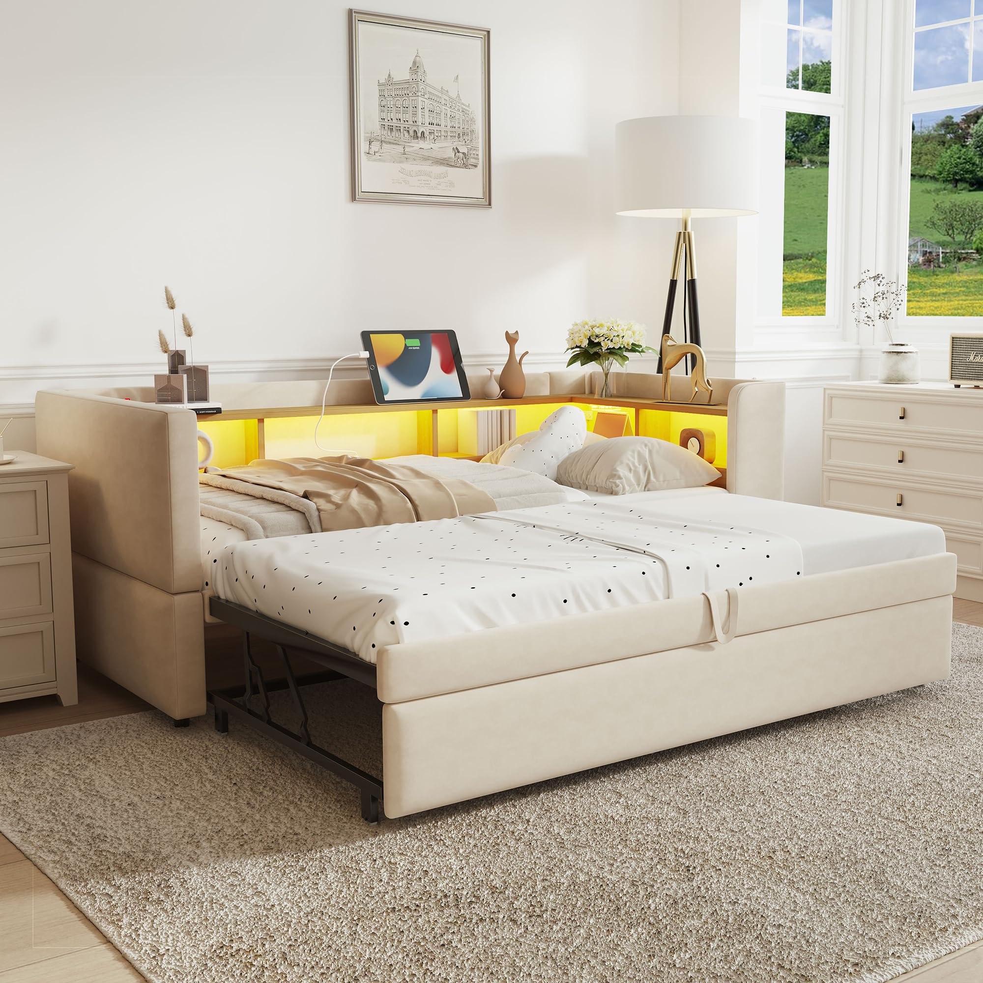Canapé-lit Multifonction 90/180x190 Cm - Rangements, LED, Prises - Sommier Lattes - Flanelle Gris Foncé/clair