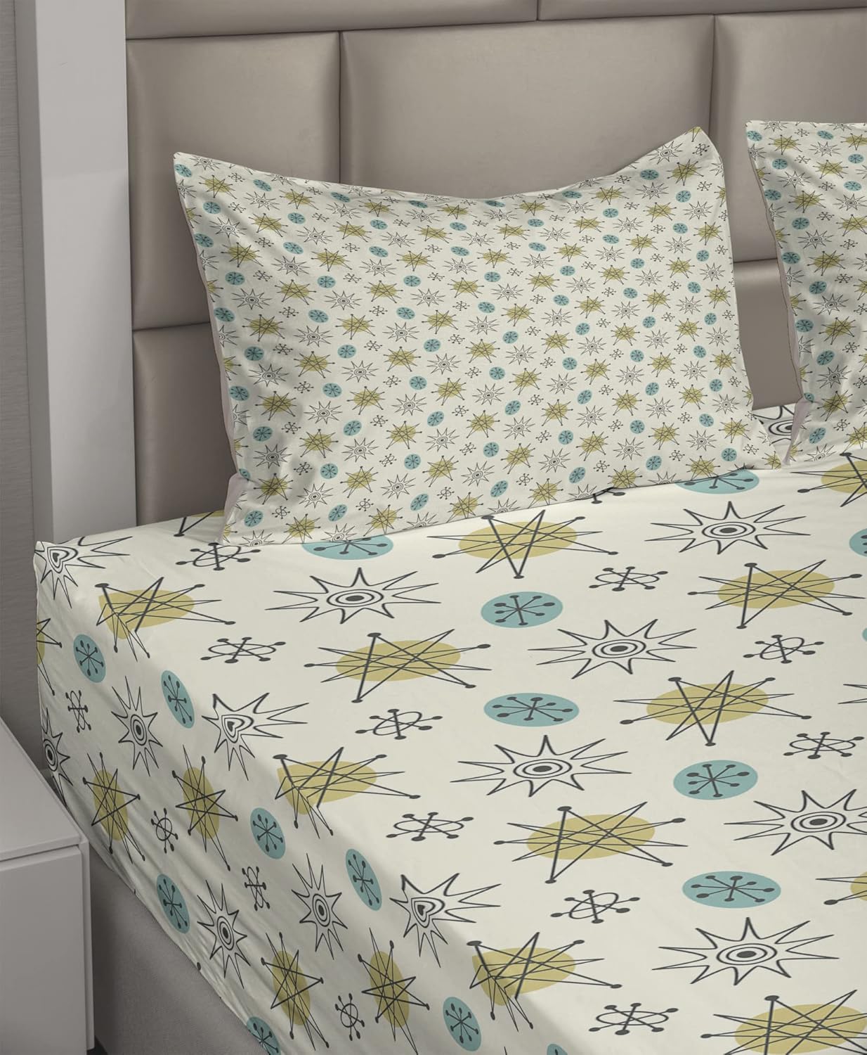 Ambesonne Abstract Sheet Set, Mid Century Modern Stars Doodle Sky Cosmos Atoms Existence Hip Universe, Fitted and Flat Sheet with Pillowcases Bedding Accent 4 Piece Set, Full, Khaki Turquoise Ivory