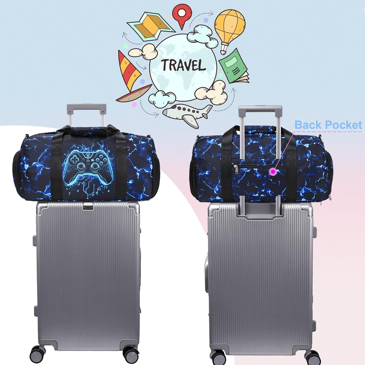 Jumpopack Gamer Sports Duffle Bag Boys Girls Overnighter Sleepover Gym Bag Weekender Carry On Shoulder Bags with Shoe Compartment & Wet Pocket,Game Print