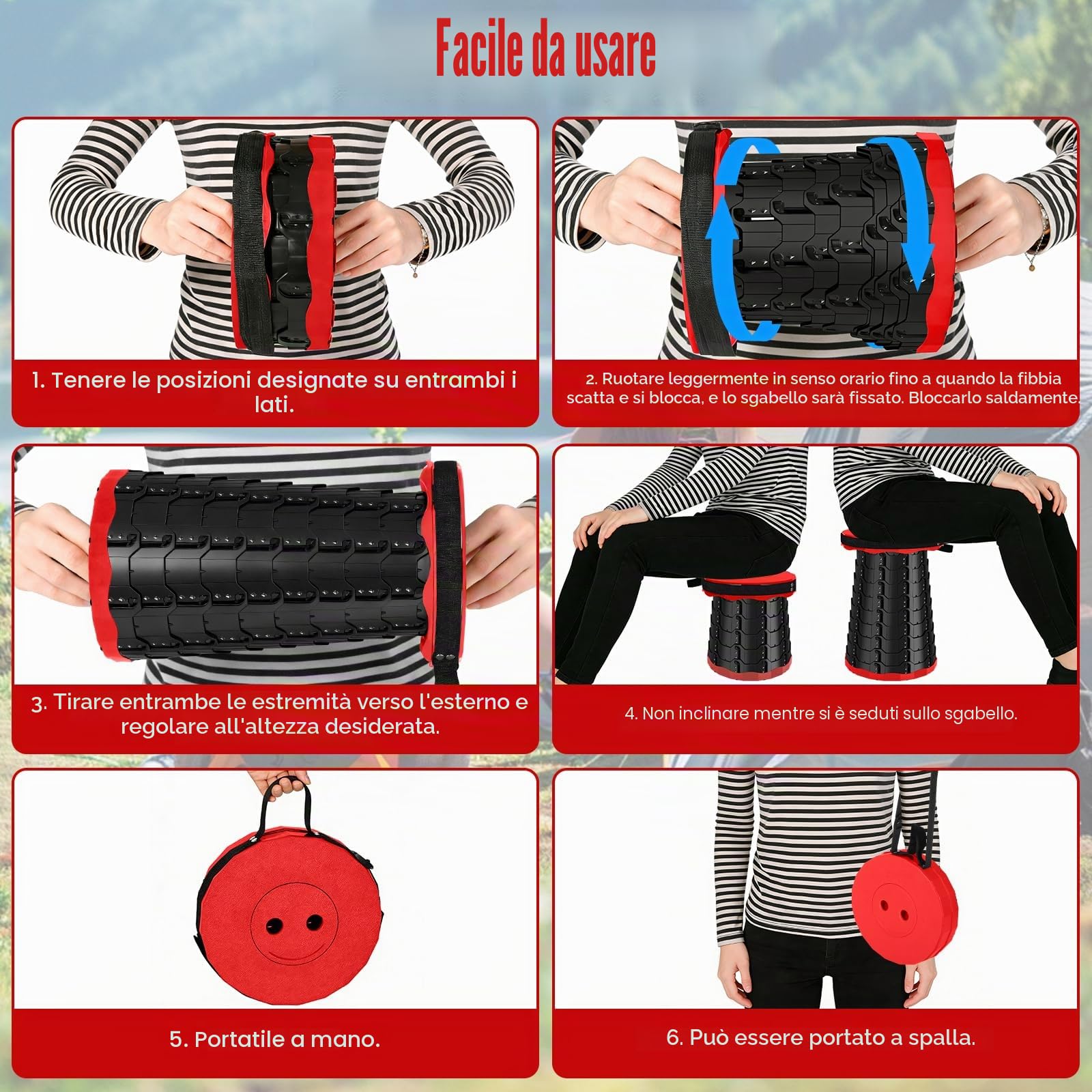 Sgabello Pieghevole Portatile, Sgabello Telescopico, Sgabello da Campeggio Leggero, Altezza Regolabile, Ideale per Campeggio, Giardino, Escursionismo, Pesca, Capacità di Carico 180 kg (Rosso, 1)