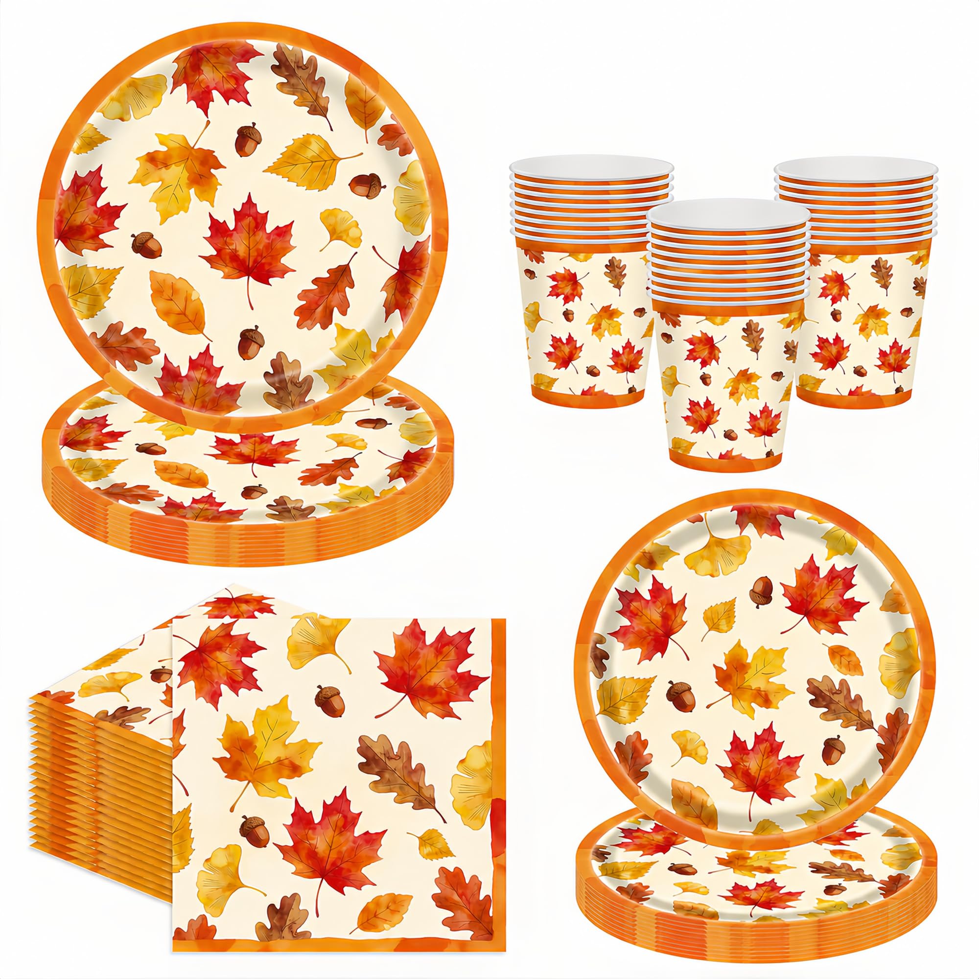 SUPJADE Autumn Decorations 80Pcs Autumn Paper Plates and Napkins Cups Thanksgiving Fall Table Decorations Disposable Tablewear for Fall Maple Leaves Pumpkin Napkins Home Decor