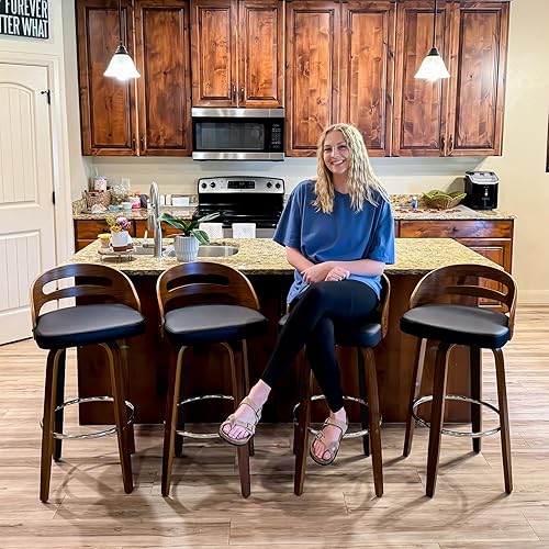 Miniatura 5 de Juego de 2 taburetes de bar, taburetes de bar giratorios con artesanía de nogal, respaldo curvado de madera curvada, piel sintética tapizada,