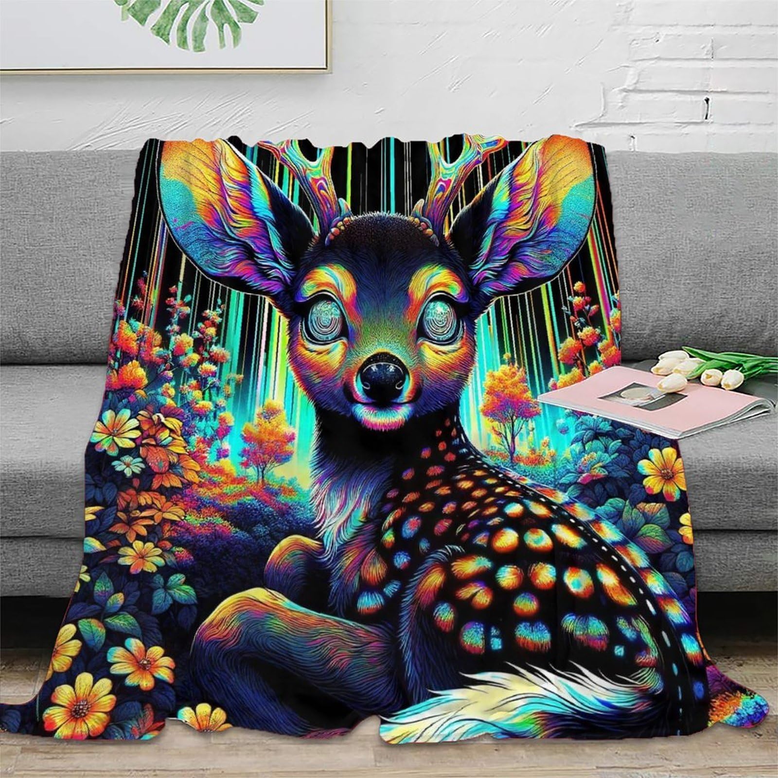 Couvre-lit imprimée 3D cerf en peluche douce pour cocooning sur le canapé du salon