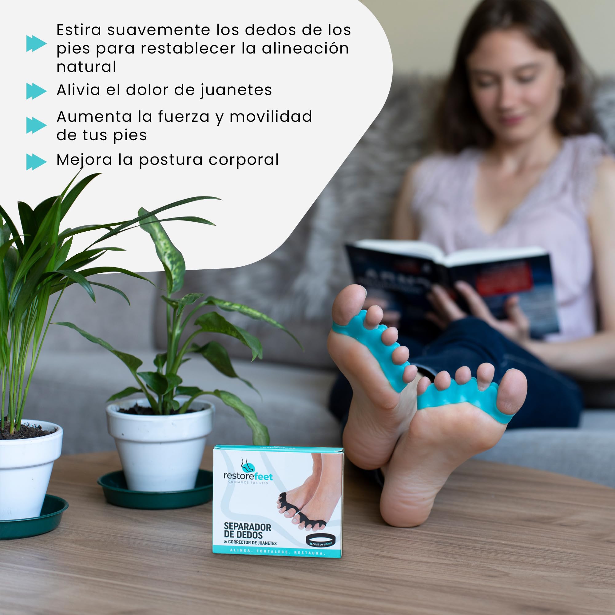 RestoreFeet Separadores de Dedos de los Pies, 2 pares + Banda Anti-Juanetes para Enderezar Dedos Torcidos, 0% BPA
