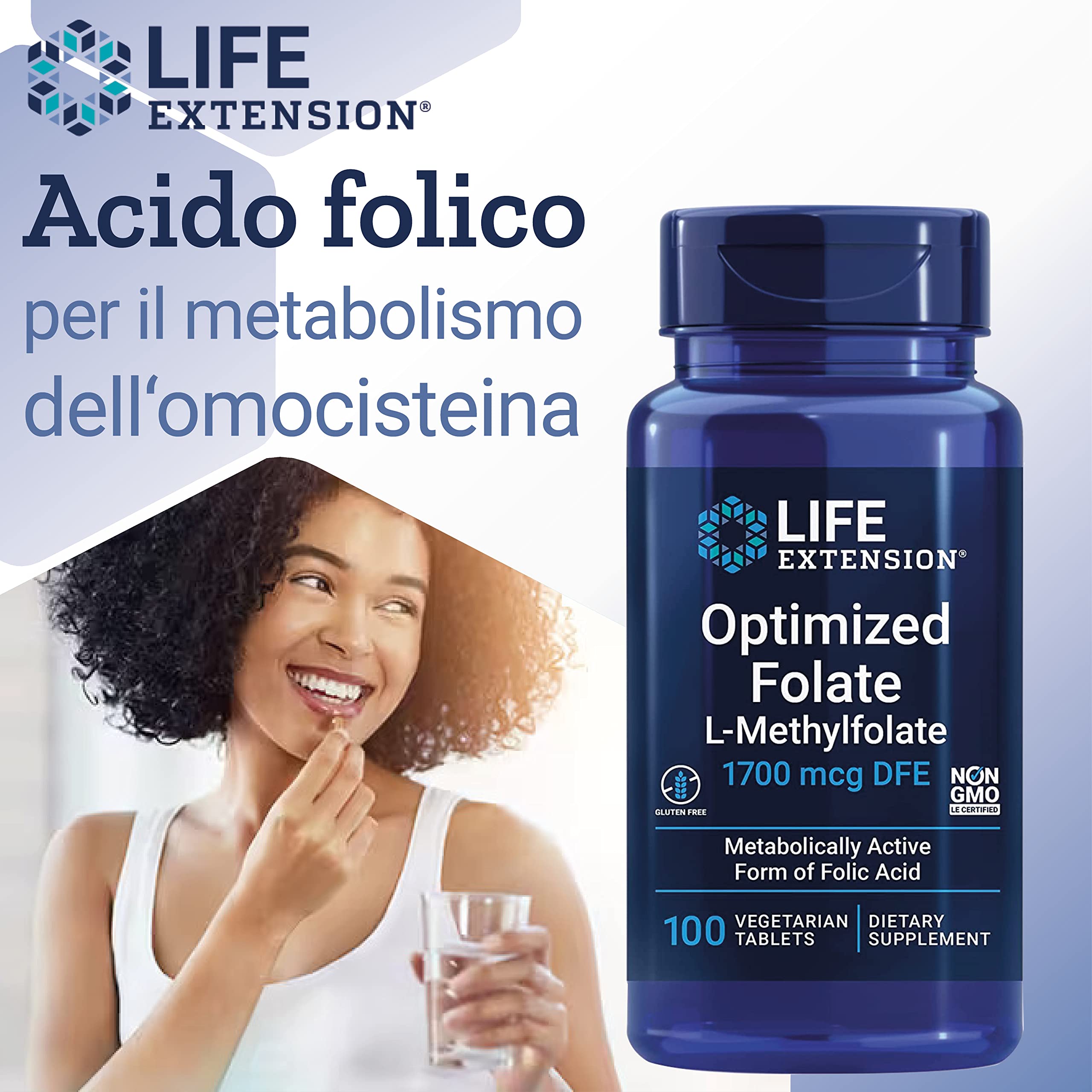 Life Extension, Optimised Folate, 5-MTHF, Dose Elevata, 100 Compresse, Testate in Laboratorio, Vegetariane, Senza Glutine, Senza Soia, Non-GMO