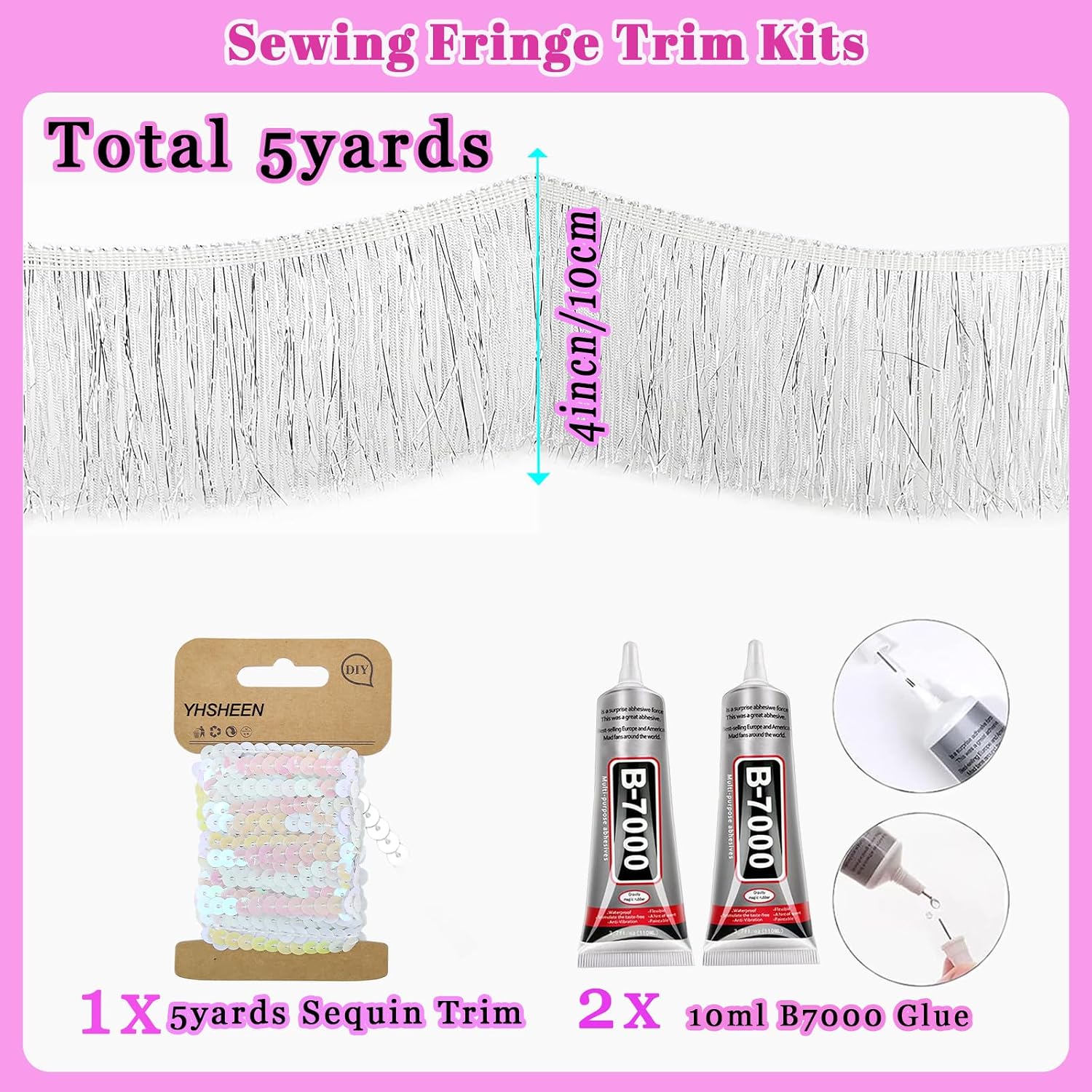White Fringe Trim with Tinsel, 5Yards X 4 Inch Metallic Fringe Trim with B-7000 Glue for Karma Jacket Costume Crafts Sparkly foil Wedding Birthday Party Decoration