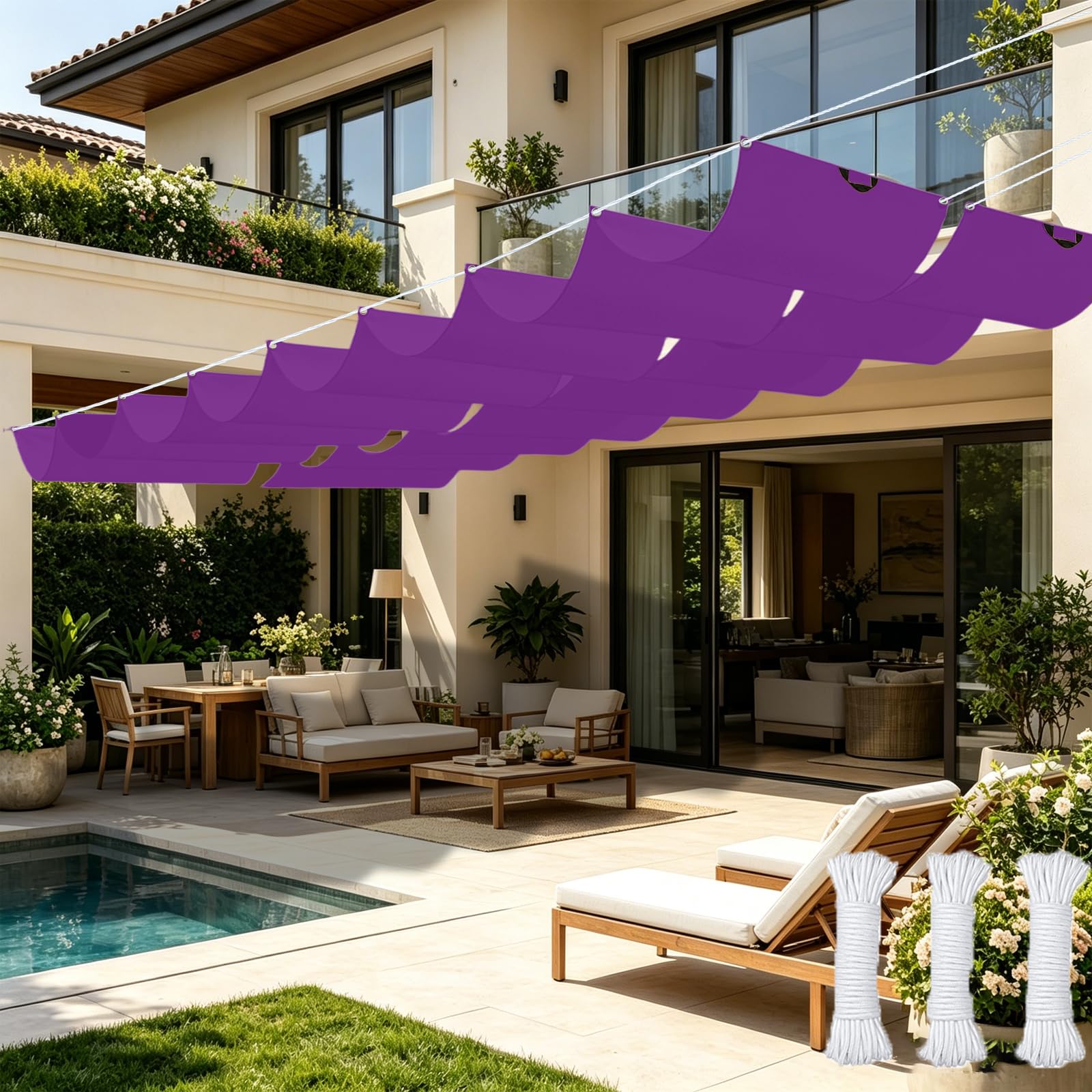 Toldo Corredero 1.2 x 15 m Impermeable, 98% Rayos UV Resistente Al Desgarro, Toldo de Tela Sombra, Terraza Vela Sombras, con Ojales y Cuerdas para Balcon, Patio, Morado