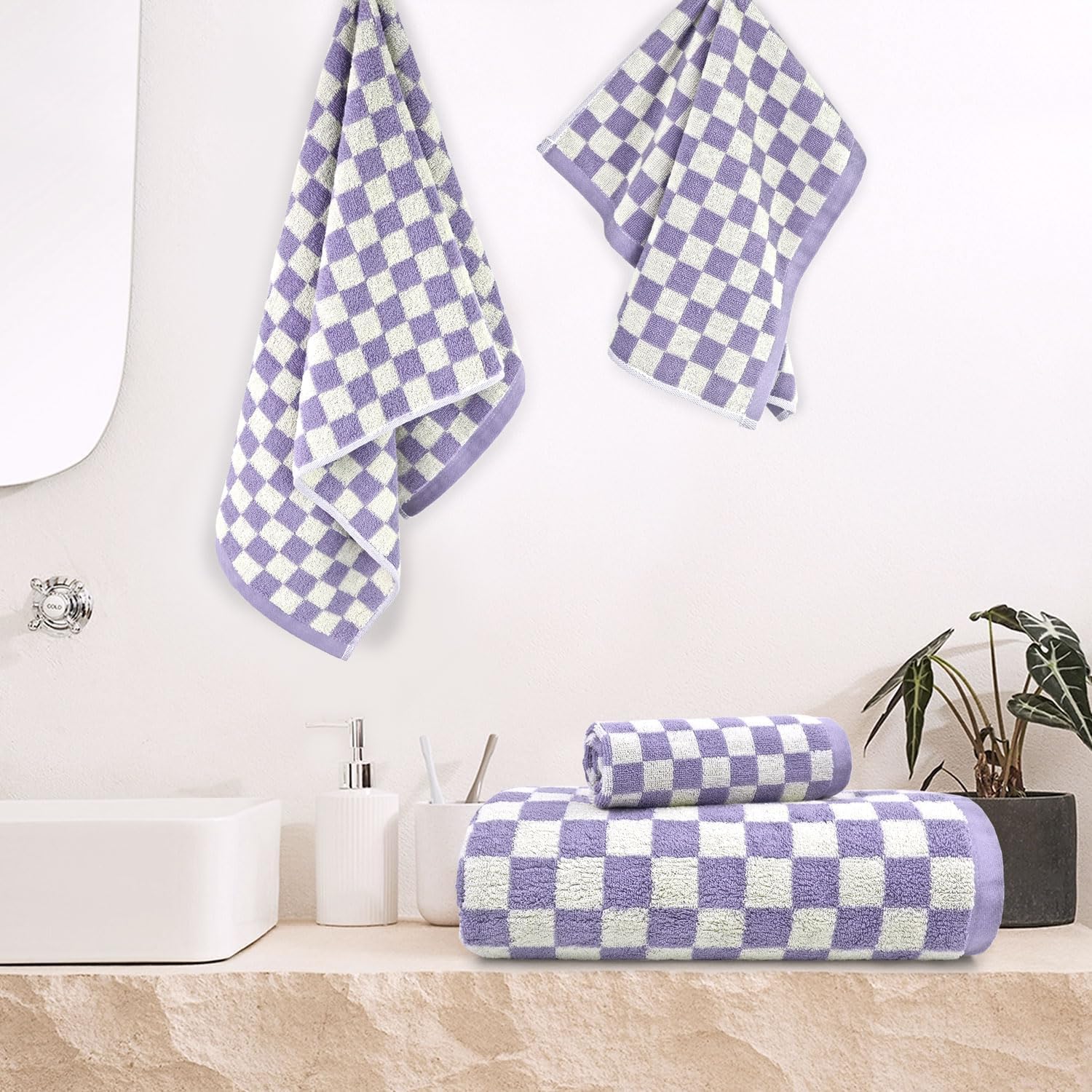 Amazon｜コットンタオル4点セット、浴室用市松タオル、1点、バスタオル