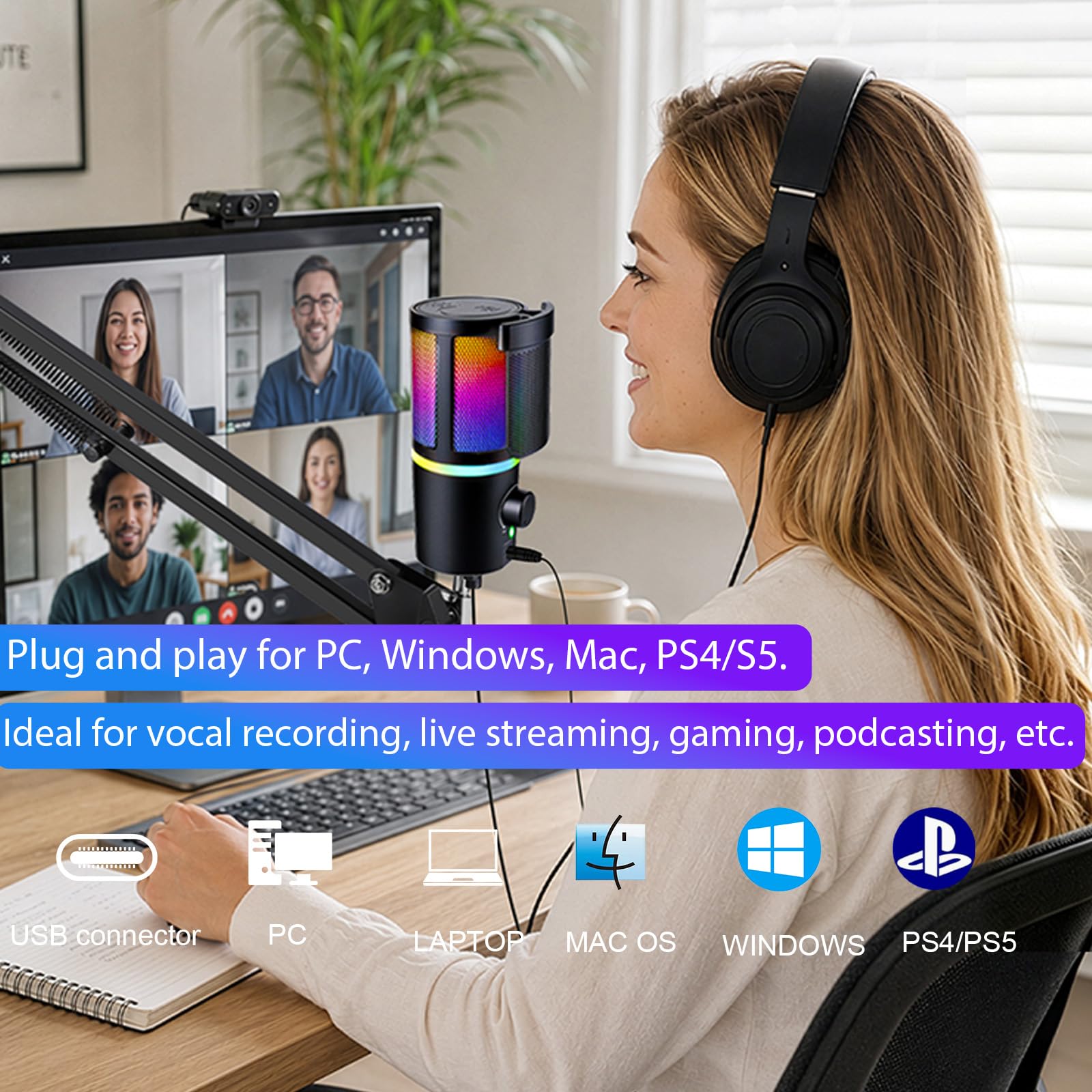 Micrófono USB con luz RGB, control de volumen, botón de silencio, conector de auriculares de 3,5 mm.