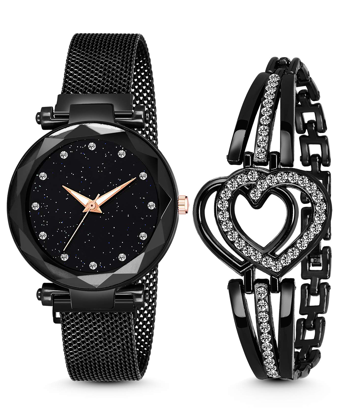 MARCLEX Womens Black Color Round Dial Analog Quartz Full Diamond Studded Stylish Latest Magnetic Watch with Bracelet Pack of 2 (Black) (B08S42XXD7) Amazon Price History, Amazon Price Tracker