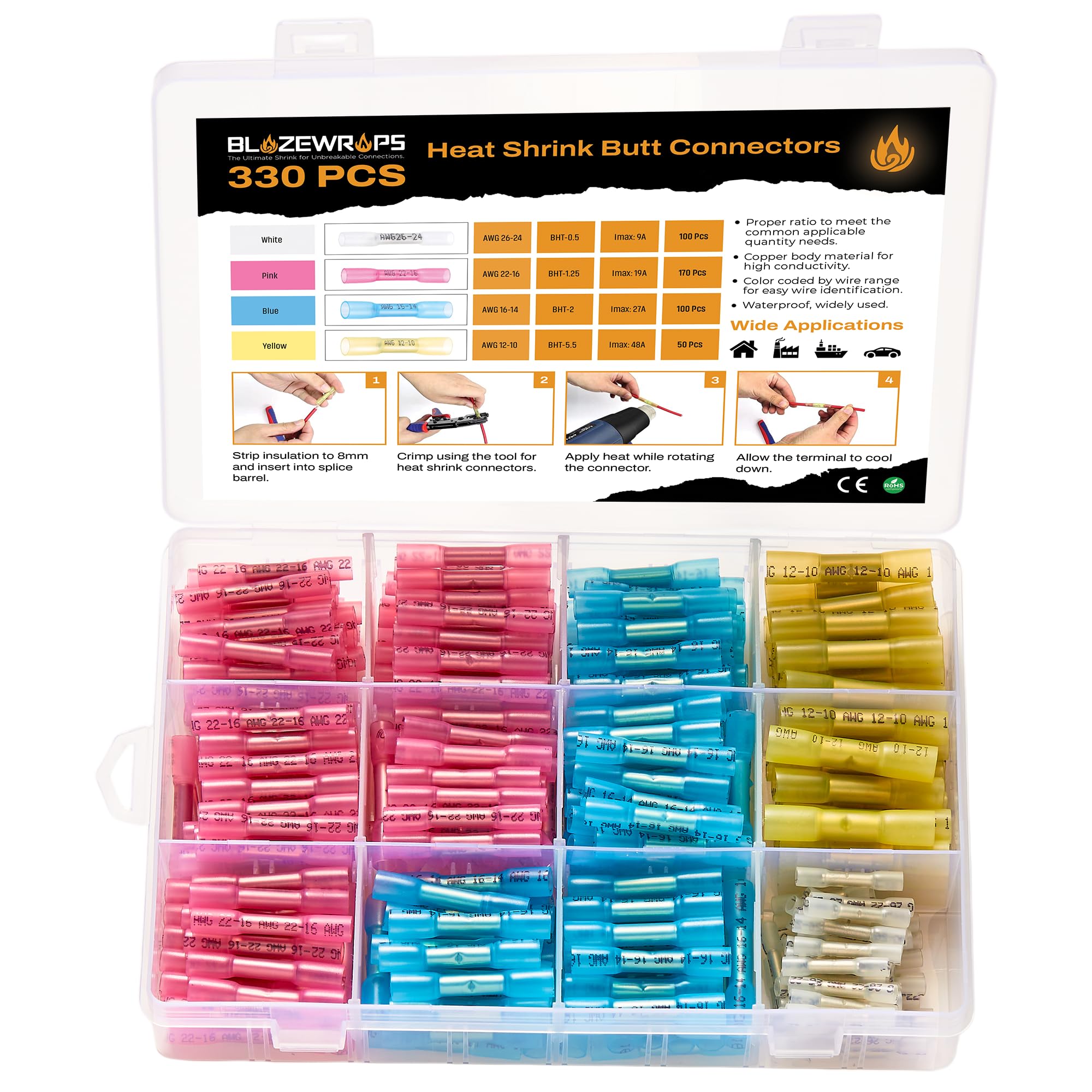 330Pcs Heat Shrink Butt Connectors – Waterproof Crimp Connector with Copper Core, Marine Grade Electrical Wire Connectors Insulated Butt Splice