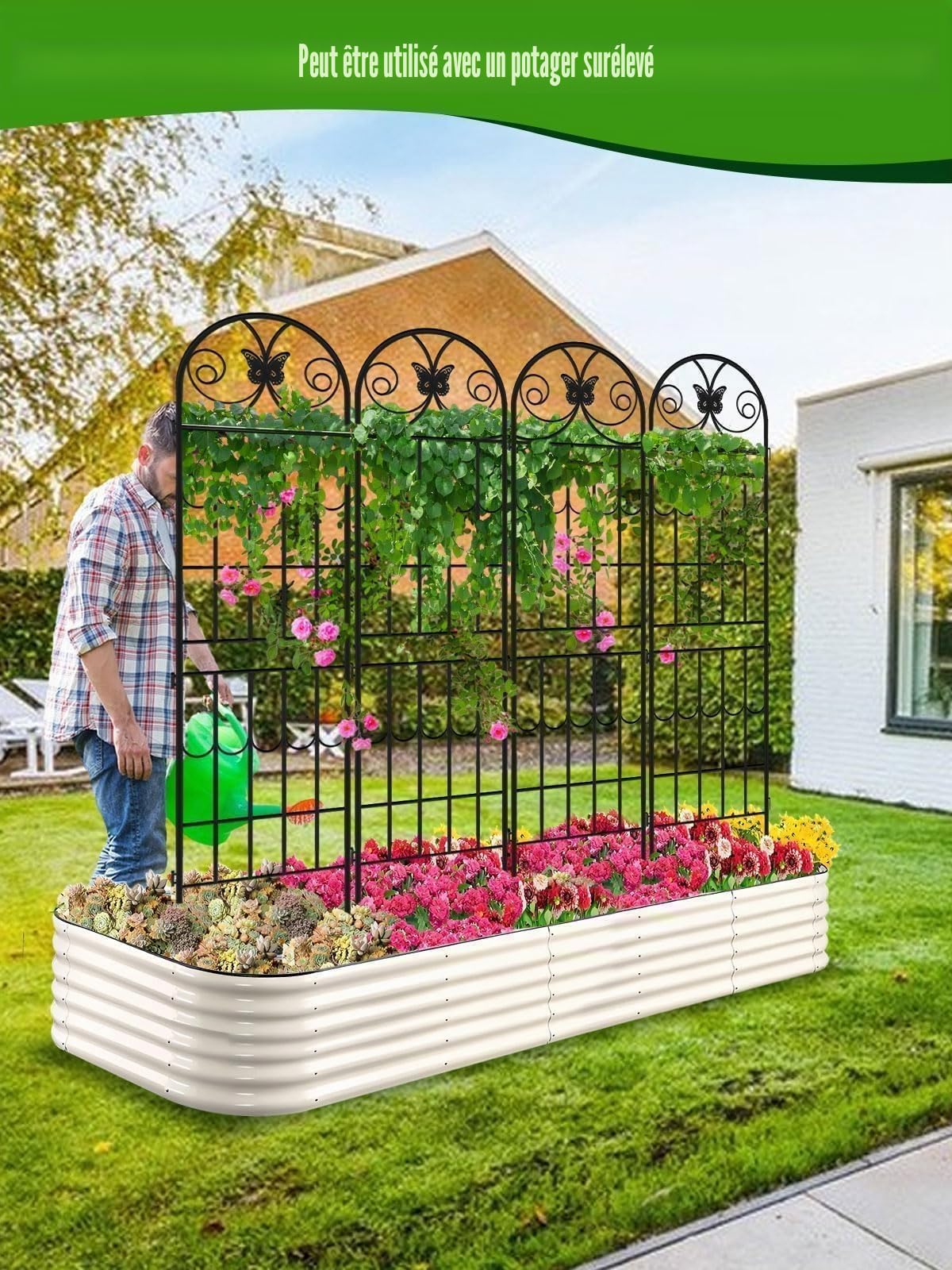 2,2 M Treillis de Jardin pour Plantes Grimpantes, Kalolary Lot 4 Treillis d'escalade Jardin Noirs avec Cadre en Métal Antirouille pour Plantes Grimpantes Pot pour Pelouse Fleurs Légumes Fruits