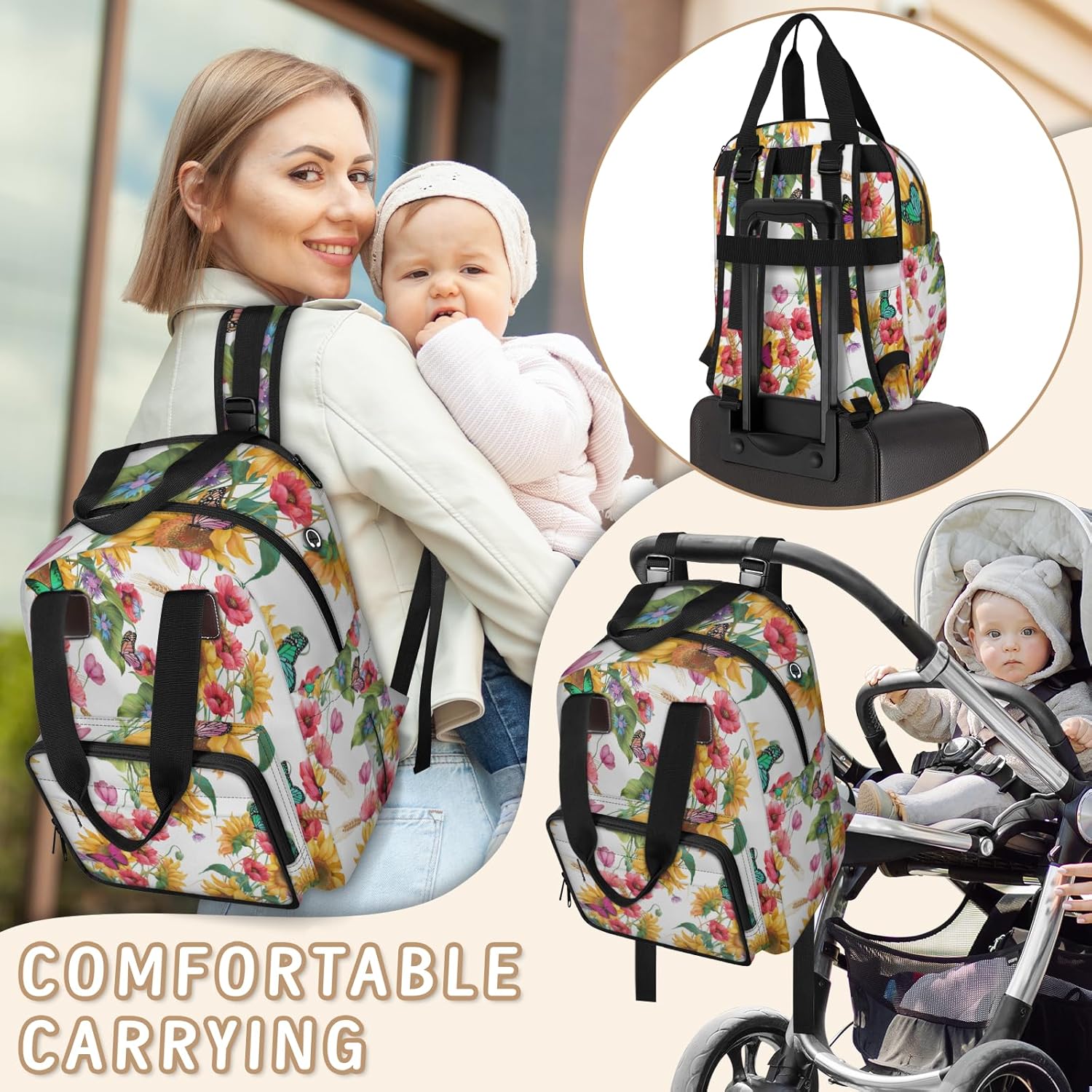 Butterfly Sunflower Flowers Diaper Bag Backpack-Multi-functional mother and baby bag Thermal compartment USB charging port Large capacity Multi-pocket organizer Stroller can be hung Travel shopping