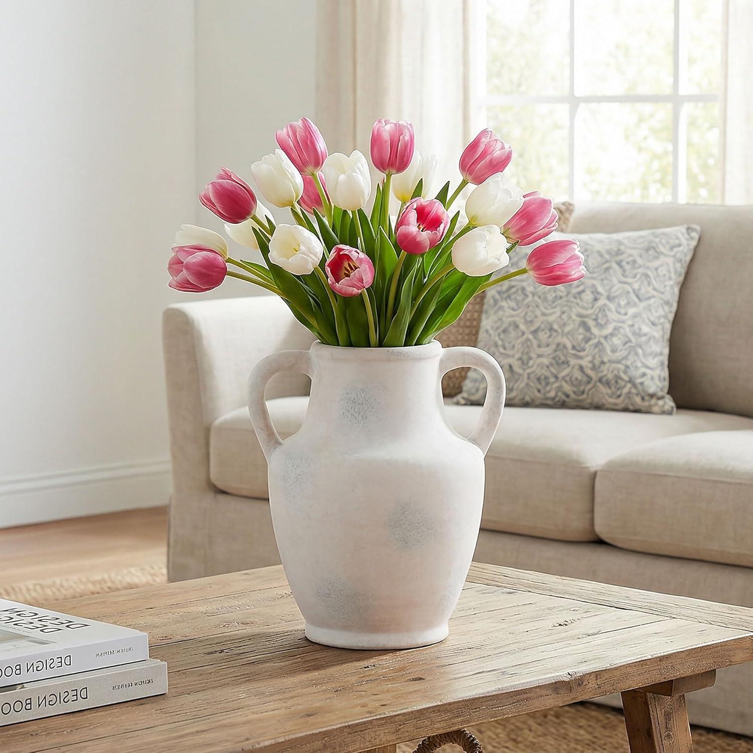 Flower Vase with Handles, 8.66 inch Tall Ceramic Vase Farmhouse Rustic Vases Decorative Pottery Vases for Home Decor Living Room Table Bookshelf Centerpiece Bouquet Wedding Fireplace (White)