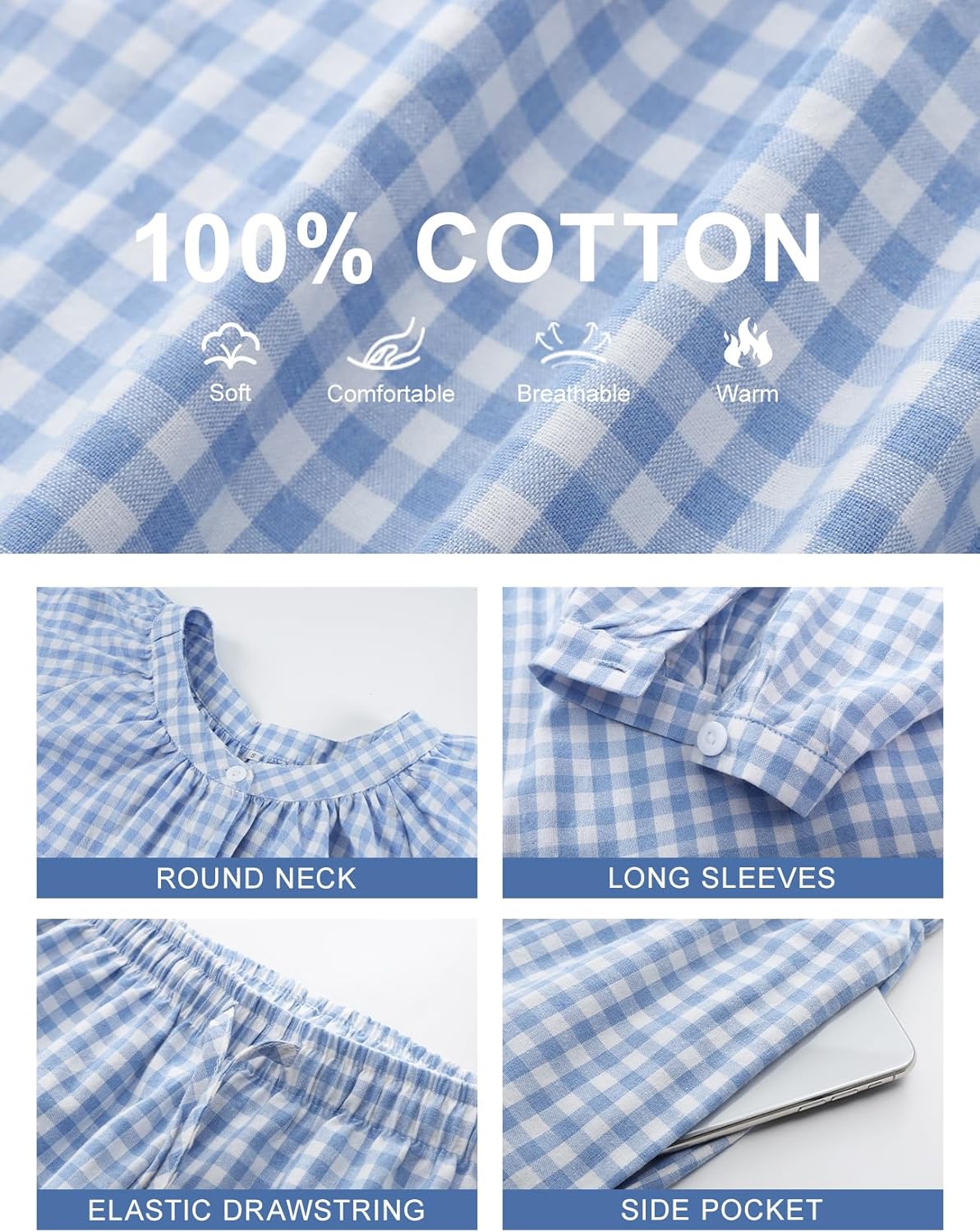 PEHMEA Women's Gingham Cotton Pajama Set Cute 2 Piece Plaid Ruffle PJs with Long Pants Button Down Top for Lounge Sleepwear - Image 6