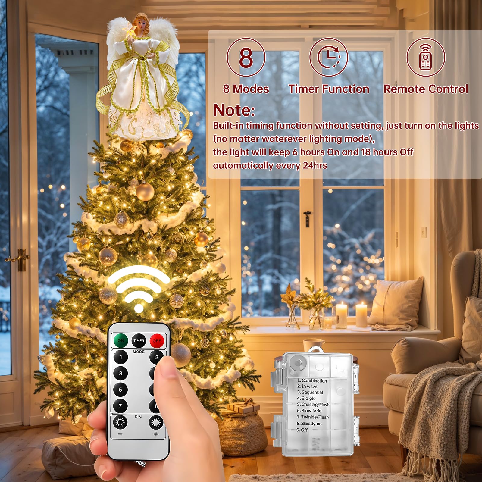 Cimier de sapin de Noël avec lumières 8 modes et minuterie, 30,5 cm, avec télécommande, fonctionne à piles, ailes en plumes blanches et étoile lumineuse