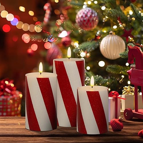 Miniatura 2 de Velas parpadeantes de Navidad sin llama con rayas rojas con purpurina, pilar de cera real, velas eléctricas LED con temporizador remoto para