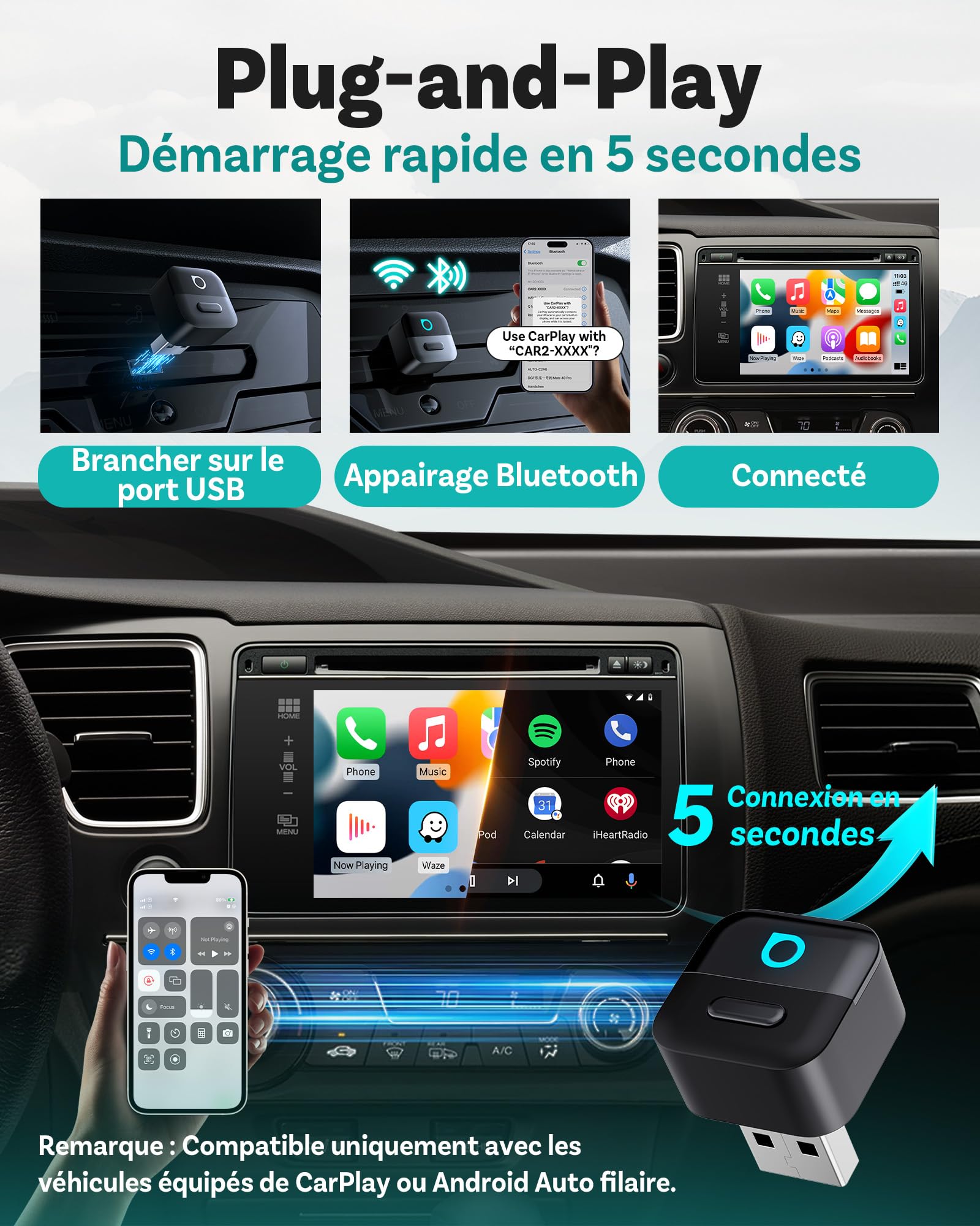 OTTOCAST Mini Pico 2026 Adaptateur CarPlay & Android Auto sans Fil, WiFi 6 & Bluetooth 5.4, Mini Dongle USB Plug & Play, Conversion CarPlay/Android Auto Filaire en Wireless