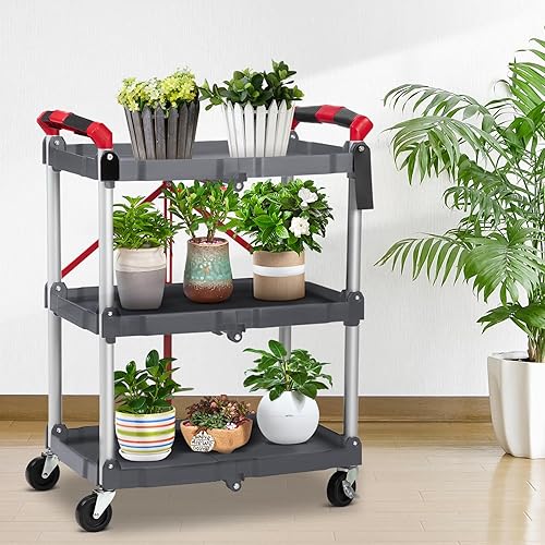Miniatura 6 de Carrito de servicio plegable, carrito portátil de 3 niveles, carrito de detalles, carritos utilitarios con 2 ruedas bloqueables, uso para el hogar,