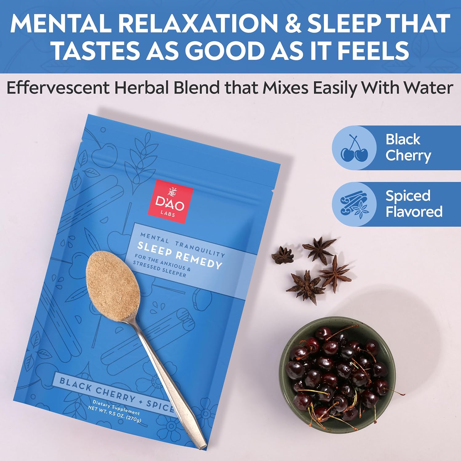 D'AO Labs Mental Tranquility - Non-Habit Forming - Mental Calmness Supplement - Stress Relax & Tranquil Powder - GUI Pi Tang Traditional Chinese Herbal - Black Cherry & Spice Flavor - 30 Servings