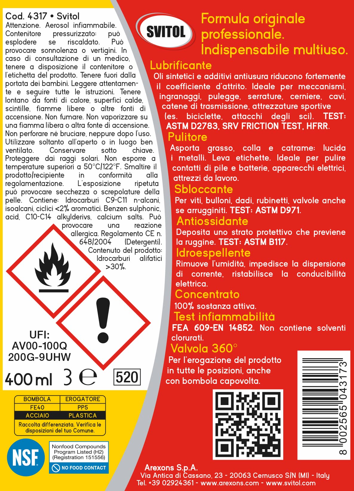 SVITOL Lubrificante Spray 400 ml con Cannuccia, Oli sintetici, Additivi anti-usura, Riduce attrito, Previene ruggine, paglierino, Trasparente