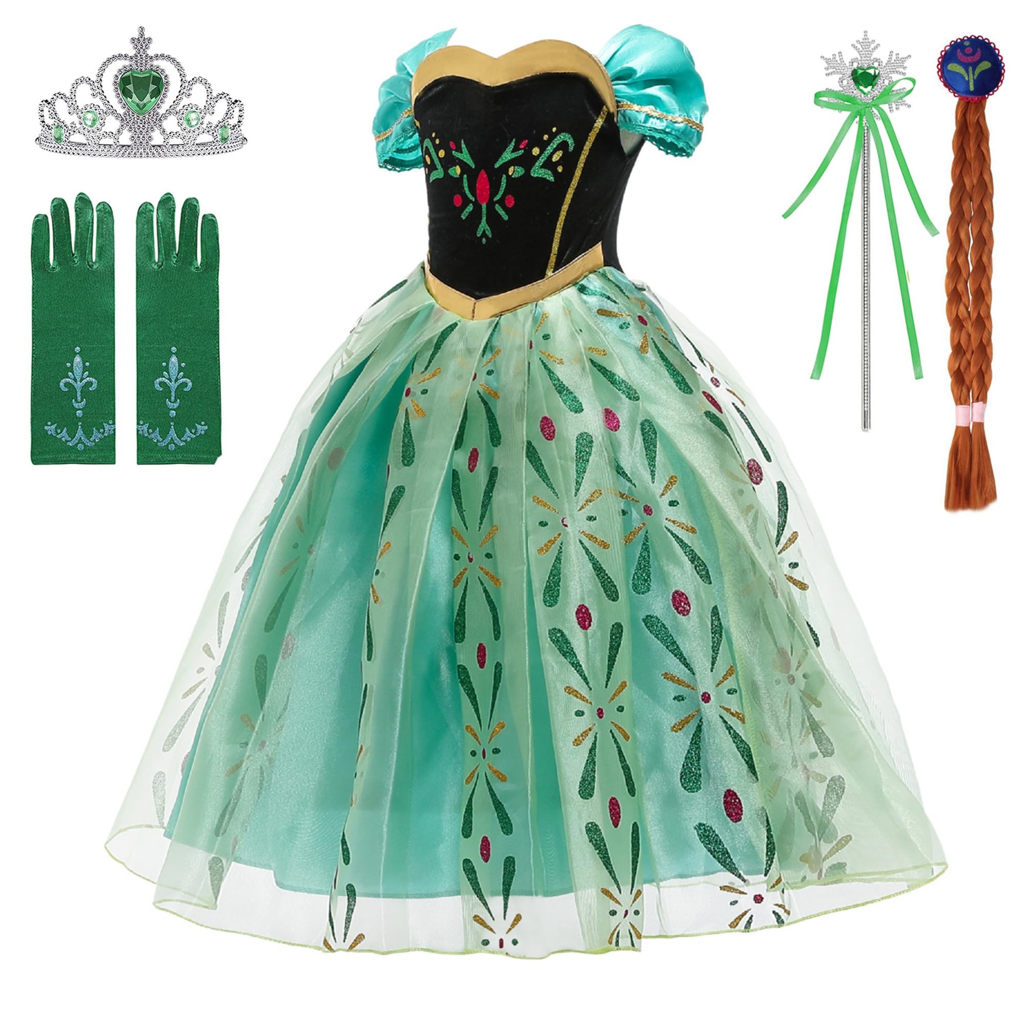 Snow Queen Princess Costume Birthday Party Dress Up for Little Girls with Wig,Crown,Wand,Gloves 3-10 Years