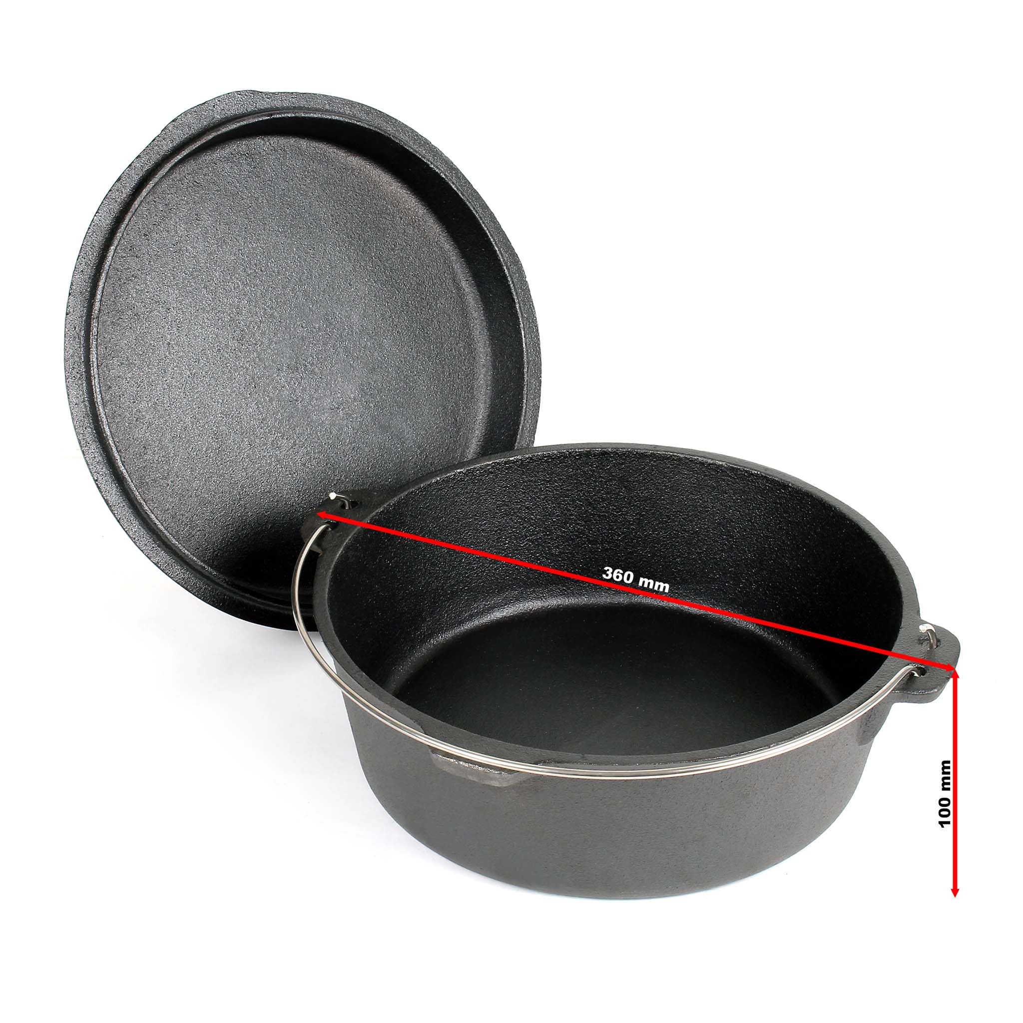 Wiltec Dutch Oven Marmite 8L Fonte Dessous-plat Lève-couvercle Pied de support Fait-tout Pot Cocotte Camping Barbecue Grillade