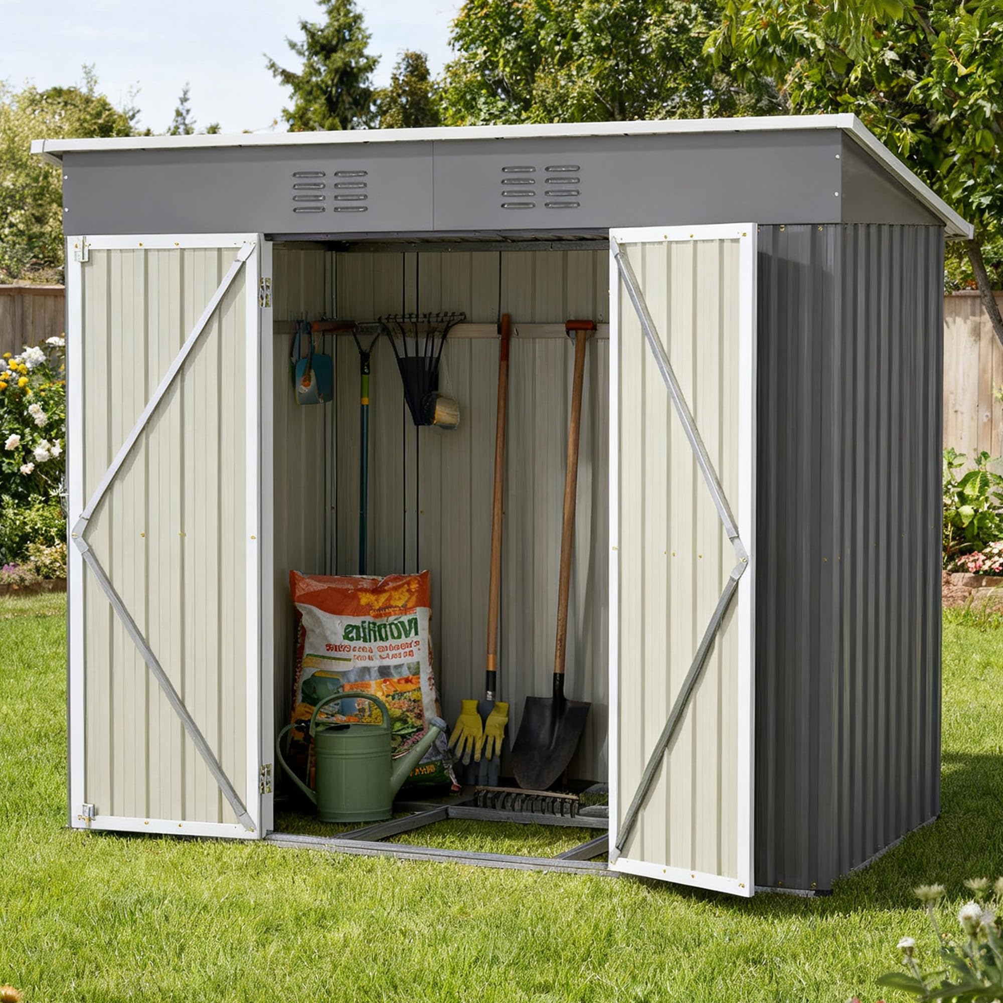 Gartenhaus Metall 242×126×182cm Geräteschuppen Wasserdicht Grau mit Fundament