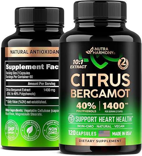 Suplementos de bergamota cítrica  Suplementos naturales para apoyo a la salud cardíaca y antioxidante*  40% polifenoles  Extracto 101  Hecho en