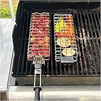 Vista 8 de Cesta de parrilla de acero inoxidable, rectangular, negra, perfecta para asar al aire libre, verduras, pescado, camarones, brochetas