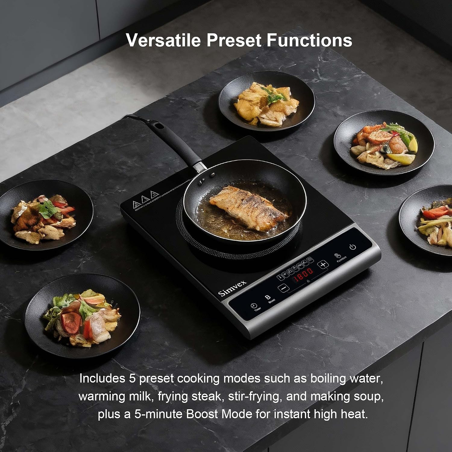 Portable Induction Cooktop, 1800W Countertop Burner with 9 Power Levels, Child Lock, 5-Min Boost Mode, 5 Preset Cooking Functions, Adjustable Temperature.