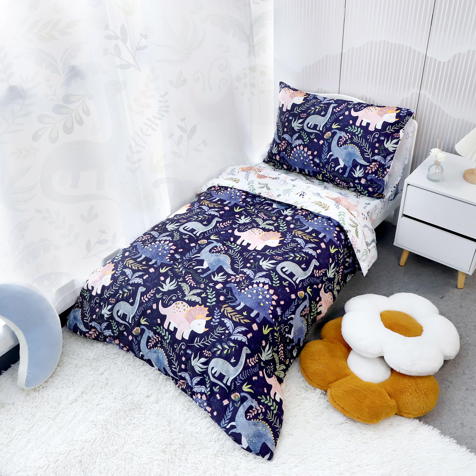 Pea Pod Parure de lit 4 pièces avec motif dinosaure pour garçon, parure de lit pour enfant de qualité supérieure comprenant un drap plat, un drap-housse, une couette, une taie d'oreiller enveloppe,