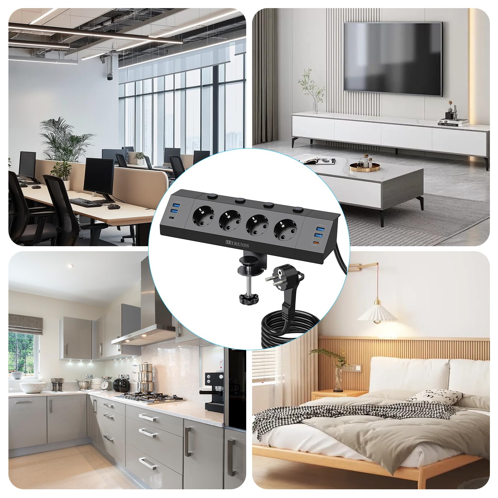 Gniazdko biurkowe z USB C PD 20W, listwa zasilająca z 4 pojedynczymi przełącznikami, 4-krotne gniazdko narożne z 6 USB, płaska wtyczka wielogniazdko montaż ścienny z kablem 2M, czarne