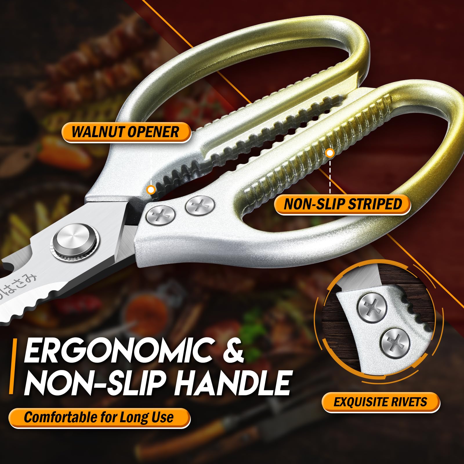 DRAGON RIOT Forbici da Cucina Robuste - Pack da 2 Forbici in Stile Giapponese, Trinciapollo Professionale Multiuso Resistenti Affilate per Pollame Carne, Manico Antiscivolo Dorate