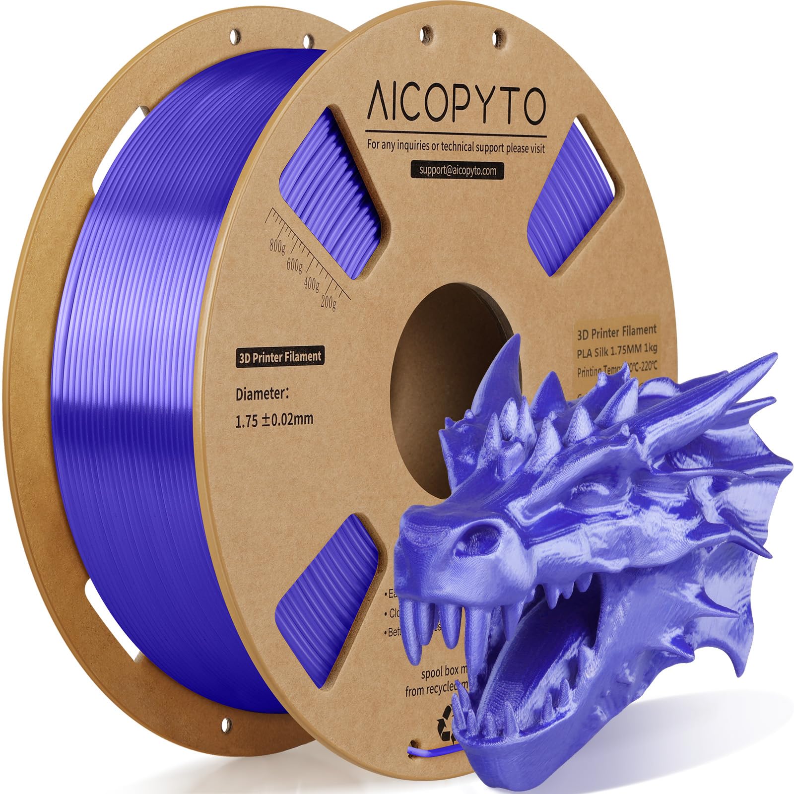 3D Printer Silk PLA Filament 1.75mm, Shiny Color Purple, Dimensional Accuracy +/- 0.02 mm, 1KG (2.1lbs)/Spool Easy to Print for Most FDM 3D Printers