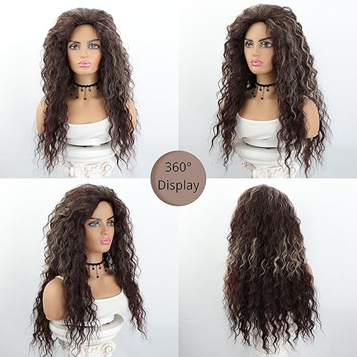 Miniatura 5 de Fencca Pelucas largas rizadas de color marrón oscuro con reflejos rubios para mujer, peluca sintética de calor, peluca marrón suelta, rizos, parte