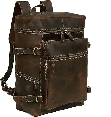HLC Mochila de cuero marrón para hombres 17 pulgadas mochila para laptop genuina para mujeres hombres mochila de cuero genuino vintage gran