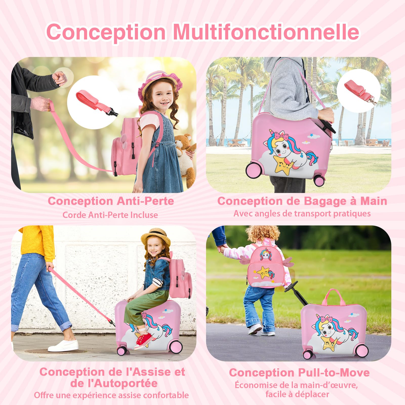 COSTWAY Valise Enfants à roulettes 18” avec Sac à Dos 12”, Bagages à Main pour Voyage avec Roues Coque Imperméable Poignée Rétractable pour Enfants de 3 Ans+ Charge 50KG+8KG (Rose Licorne)