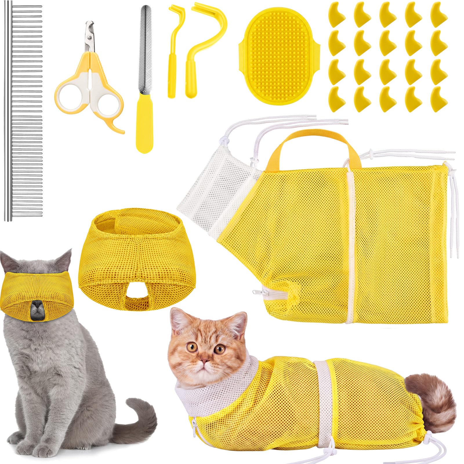 9 Pcs Cat Bathing Bag Set Cat Shower Bag Anti Bite and Scratch for Pet Grooming Washing Brush Comb Muzzle Nail Clipper Nail File Tick Tool (Yellow)