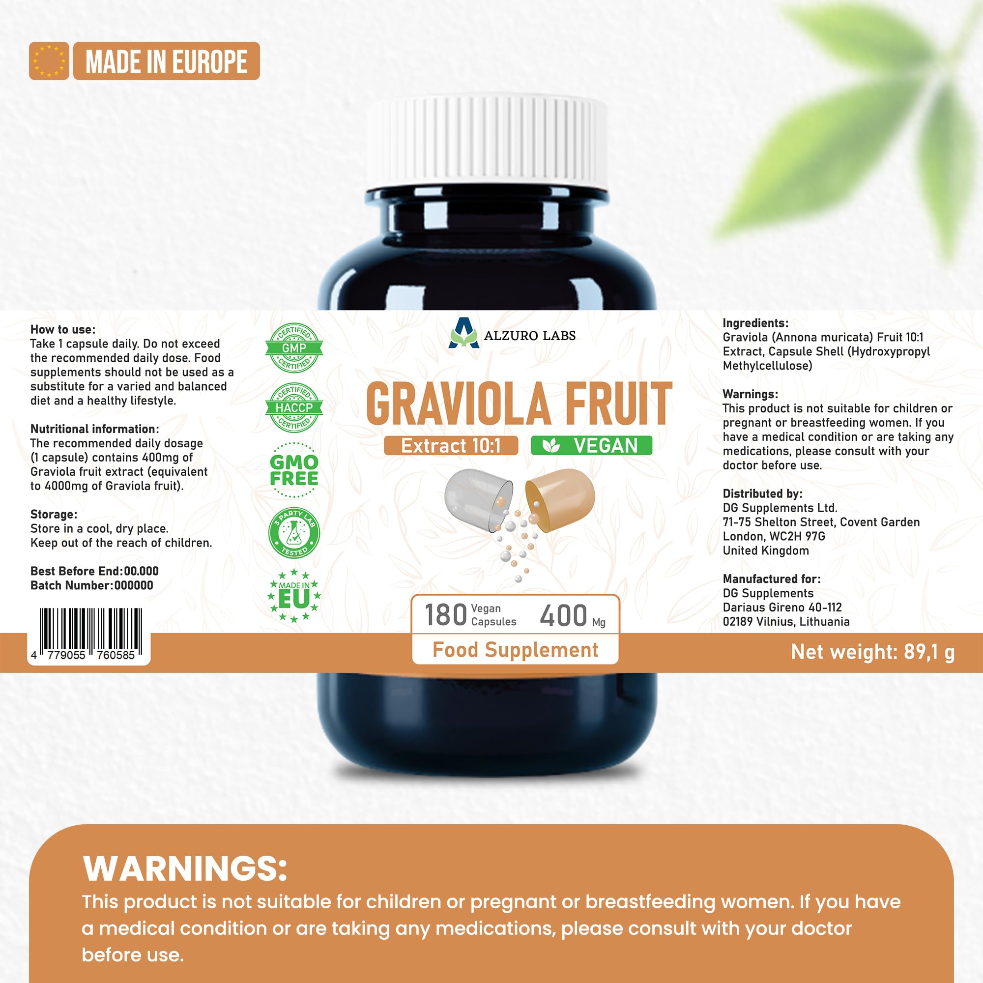 Graviola (Soursop) | 4.000 mg Equivalente | Extracto de Fruta 10:1 400 mg | 180 Cápsulas Veganas | Annona muricata | GMP & Probado por Laboratorio Independiente