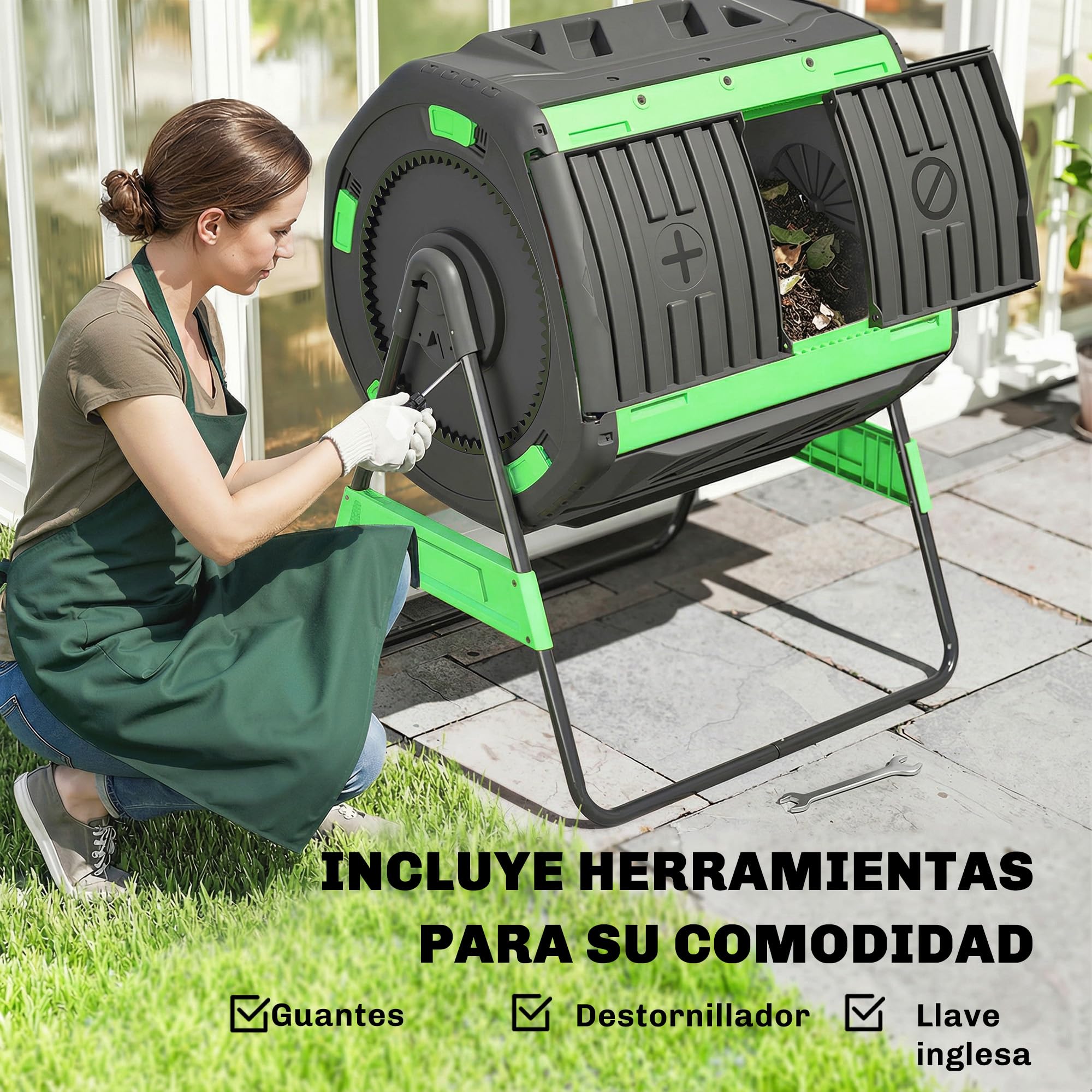 Outsunny Compostador Giratorio de 200L, Contenedor de Compostaje de Jardín de Doble Cámara, Sin BPA, Compostadora con Aberturas de Ventilación, 2 Puertas Deslizantes y Patas de Metal, Verde