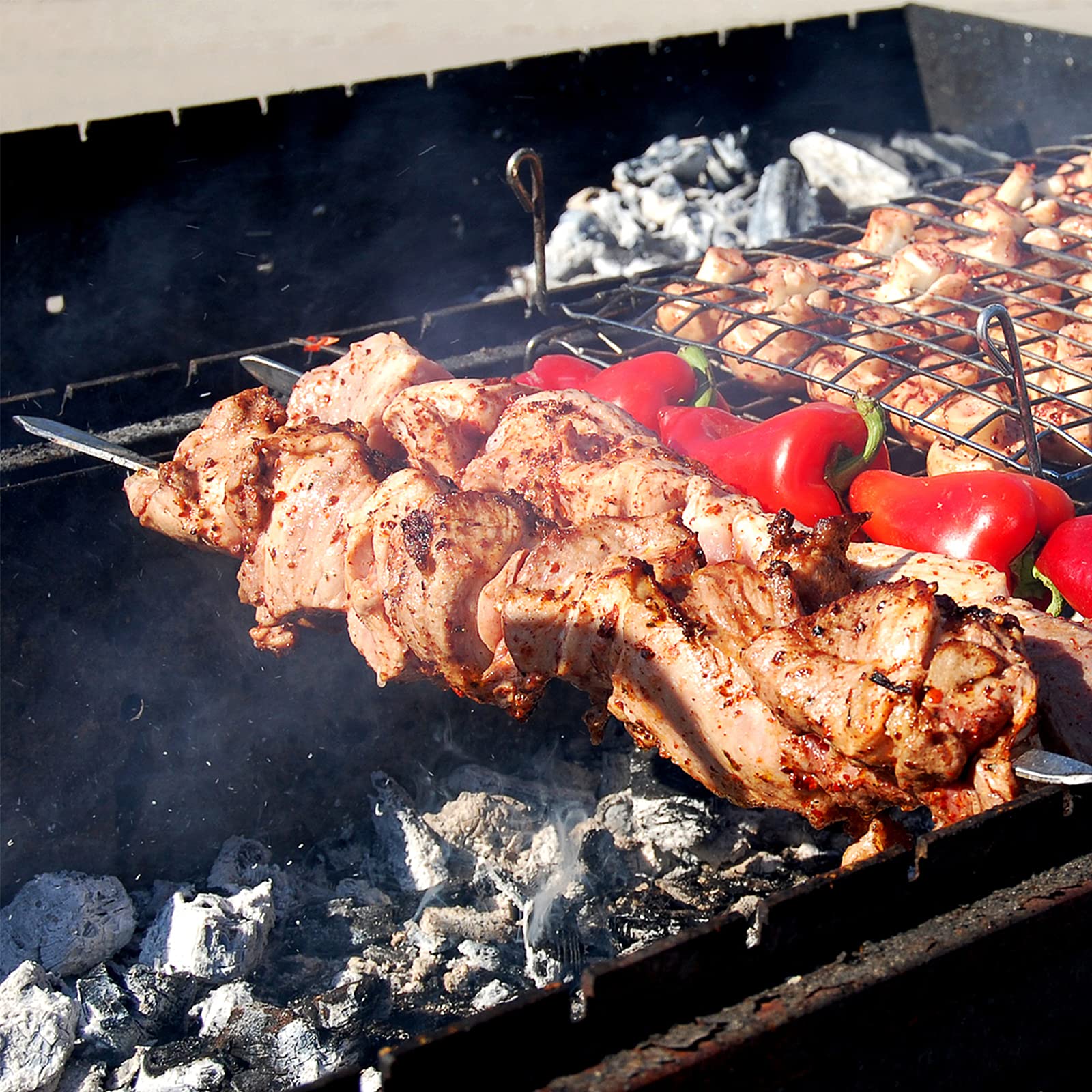 Dicunoy 9 szaszłyków ze stali nierdzewnej z stojakiem, 43 cm stojak na szaszłyki kabob do grillowania, wielokrotnego użytku, metalowe płaskie patyczki do grilla z stojakiem na kabob, do mięsa,