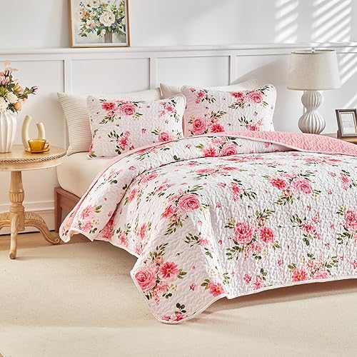 Miniatura 9 de UOZZI BEDDING Juego de edredón floral de 3 piezas, tamaño Queen, color blanco y rosa, de microfibra suave, ligero, reversible, para todas las