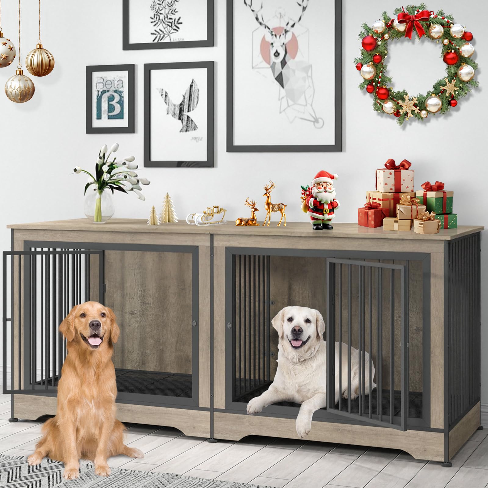 Yafylly 75 Inch Double Dog Crate Furniture, 3 in 1 Dog Cage for Large Dogs, Durable Grey TV Stand Dog Crate with Trays and Divider, Double Dog Kennel
