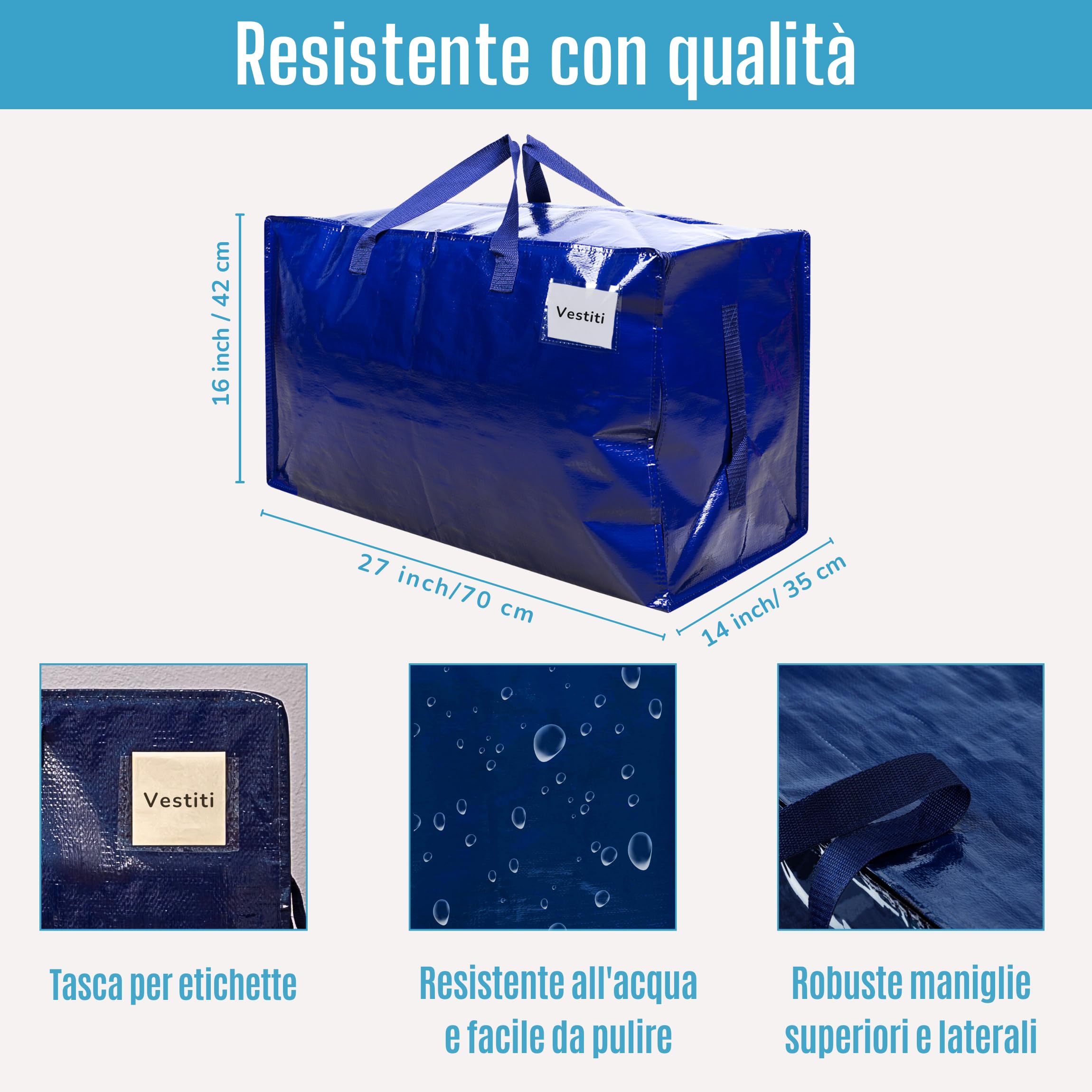 VENO Set da 6 Borsa da 100 l trasloco grandi con cerniere e manici rinforzati, resistenti scatole per trasloco, sacchi vestit per traslochi, stoccaggio, viaggi, campeggio (Blu, Set da 6)
