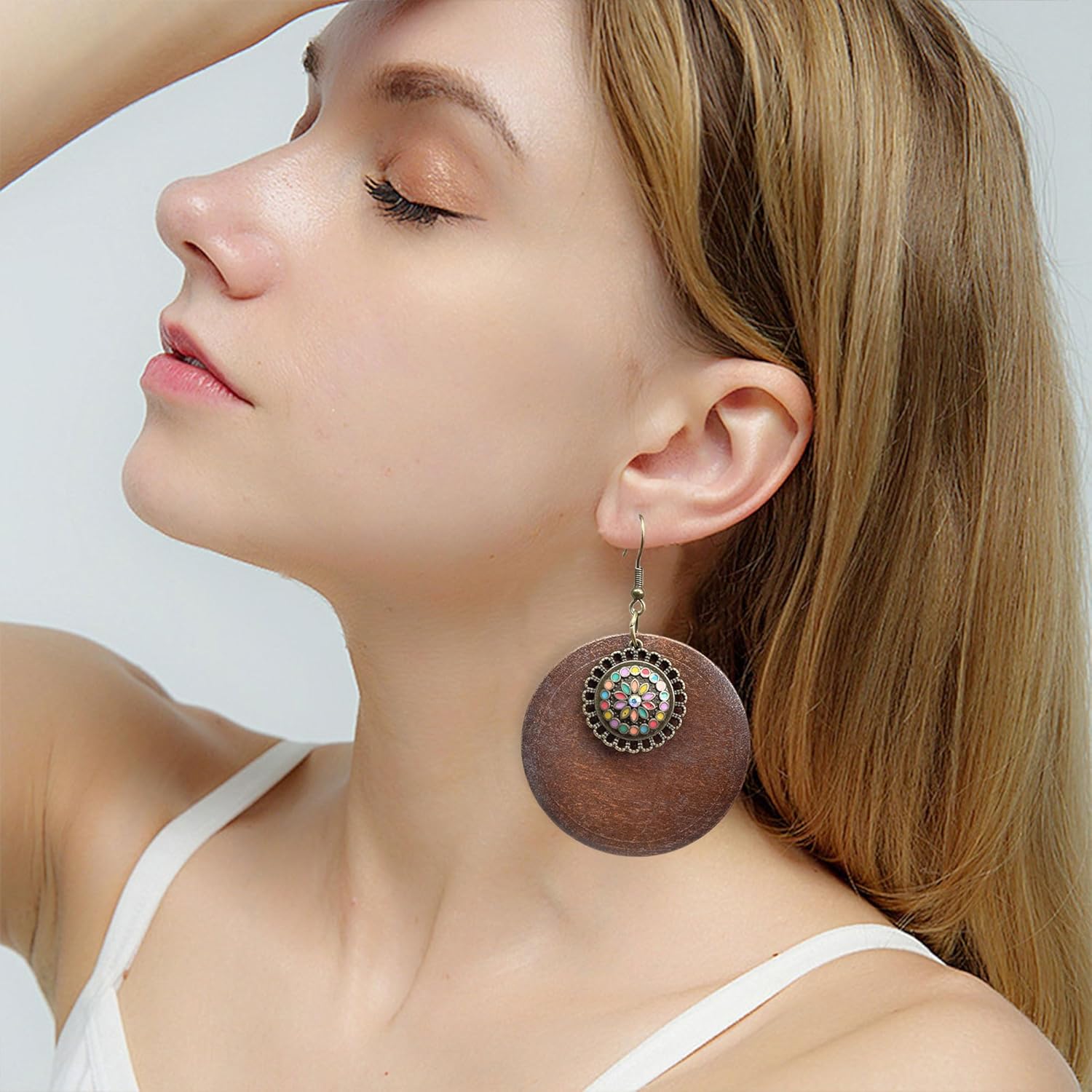 KaFu Brown Wooden Earrings for Women Vintage Bohemian African Ethnic Wood Big Round Circle Geometric Dangle Drop Earrings Jewelry - Image 4