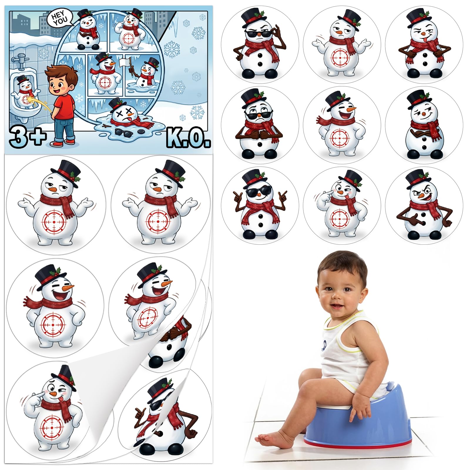 Potty Training Targets for Boys, 36 PCS Flushable Dissolvable Toilet Stickers, Fun Cartoon Snowman Pee Aiming Game for Toddlers, Large 5cm (2 Inch) Diameter